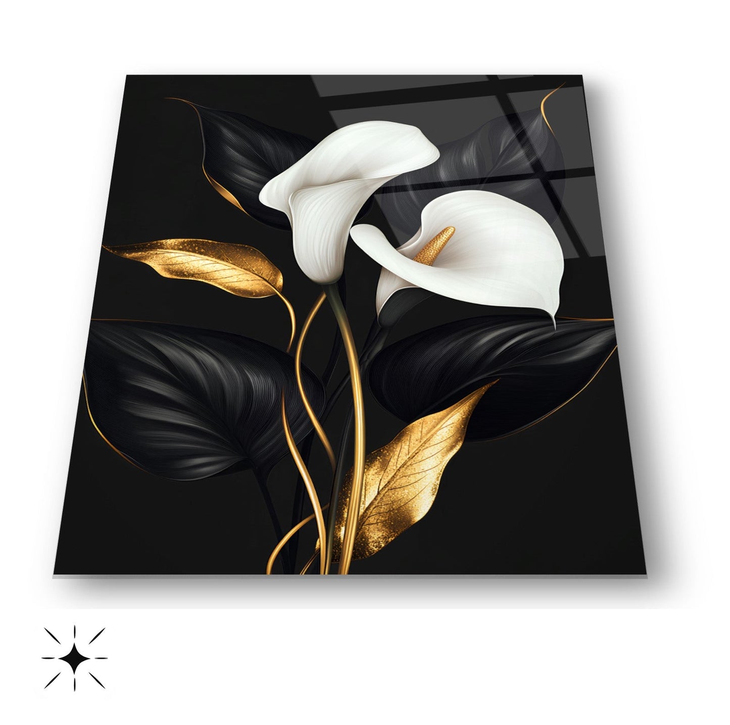 Siyah Beyaz Gold Detay Çiçekler Cam Tablo