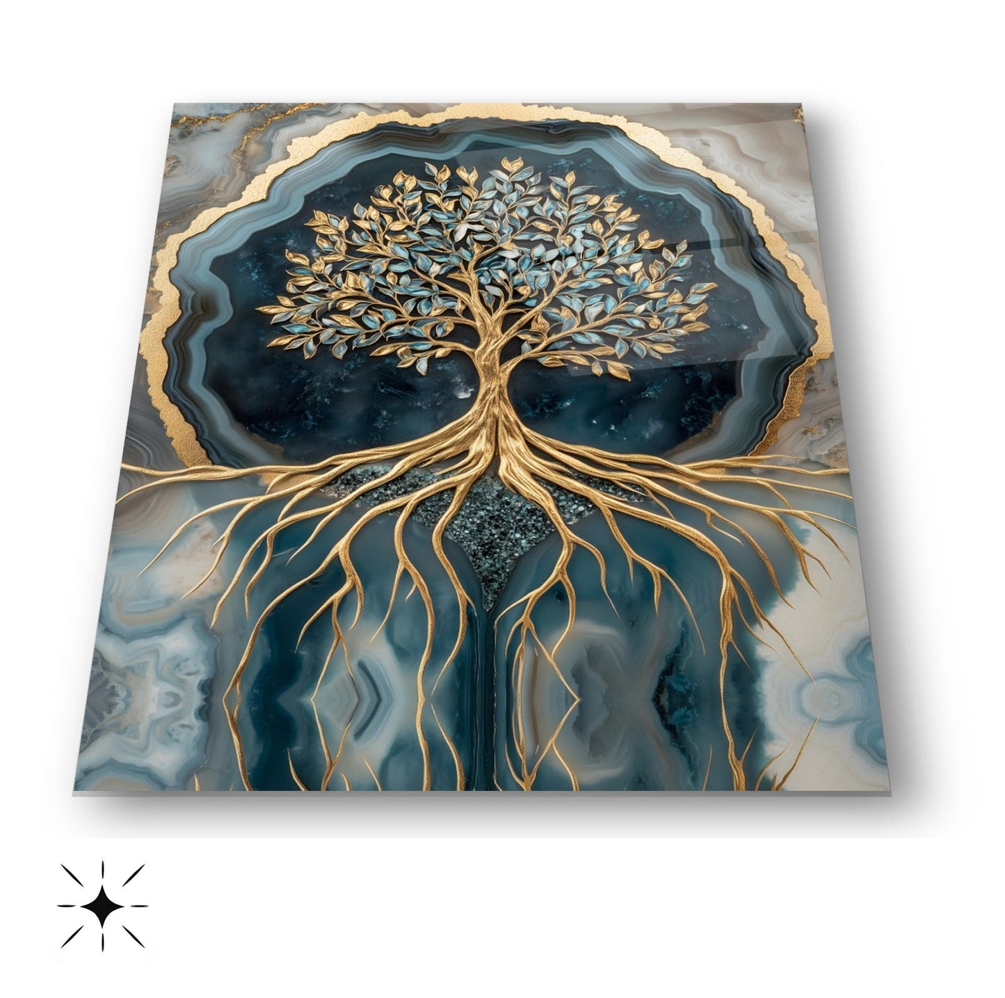 Mermer Desenli Yeşil Gold Hayat Ağacı Cam Tablo