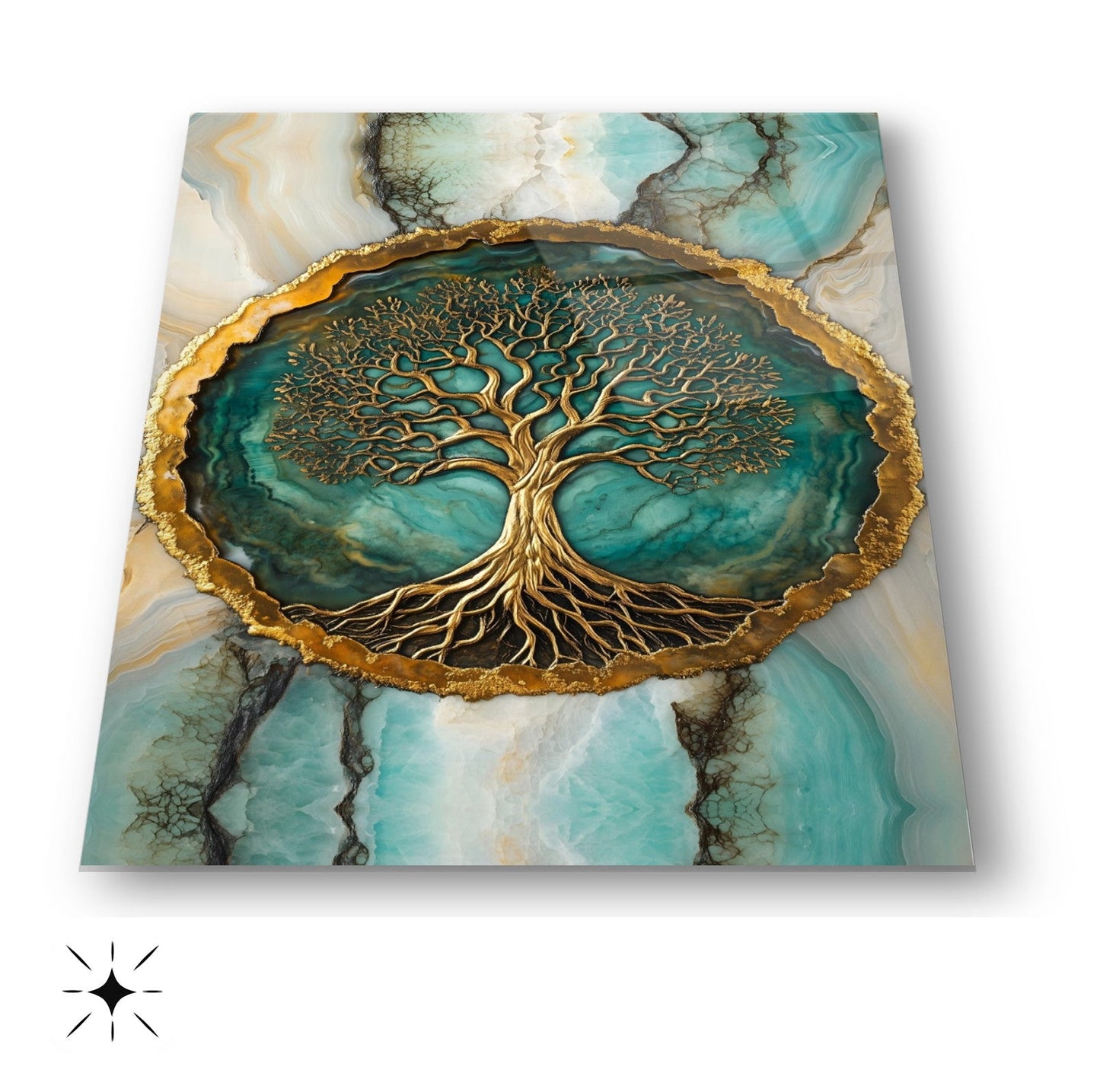 Mermer Desen Gold Yeşil Hayat Ağacı Cam Tablo