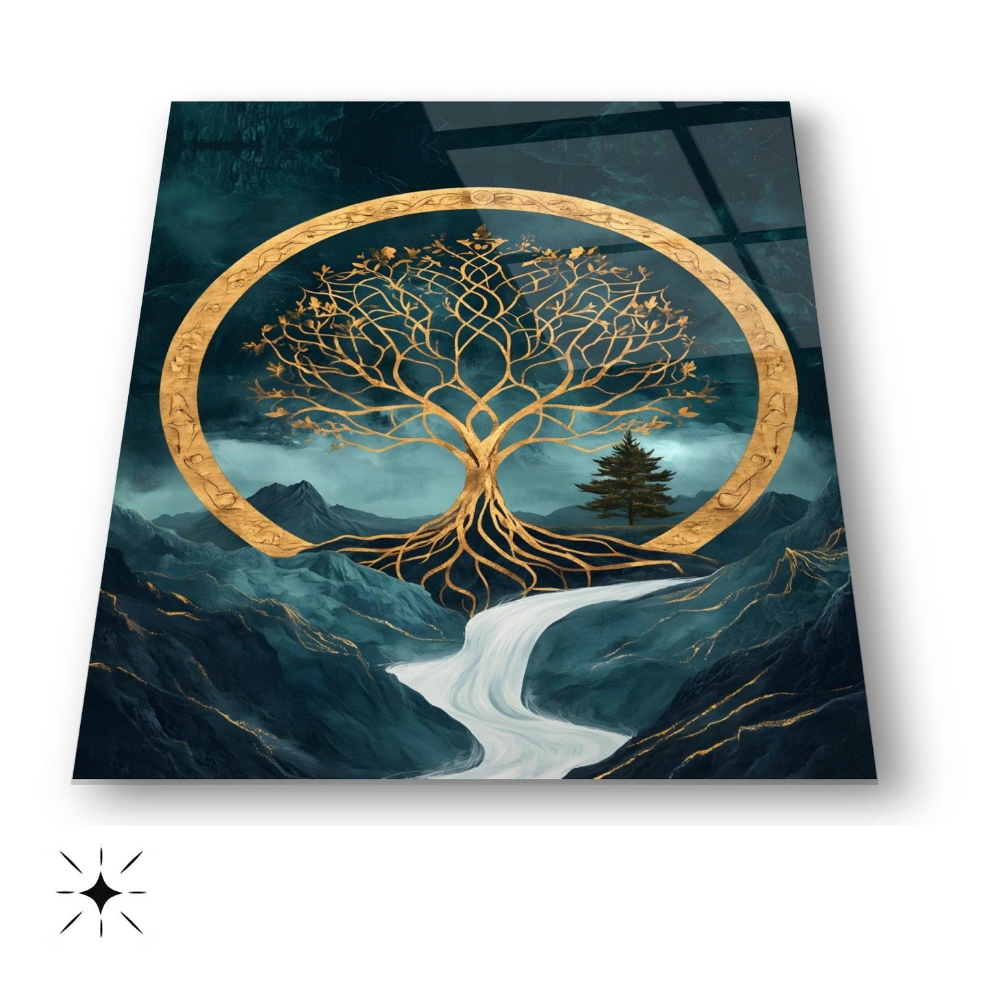 Gold Yeşil Hayat Ağacı Cam Tablo