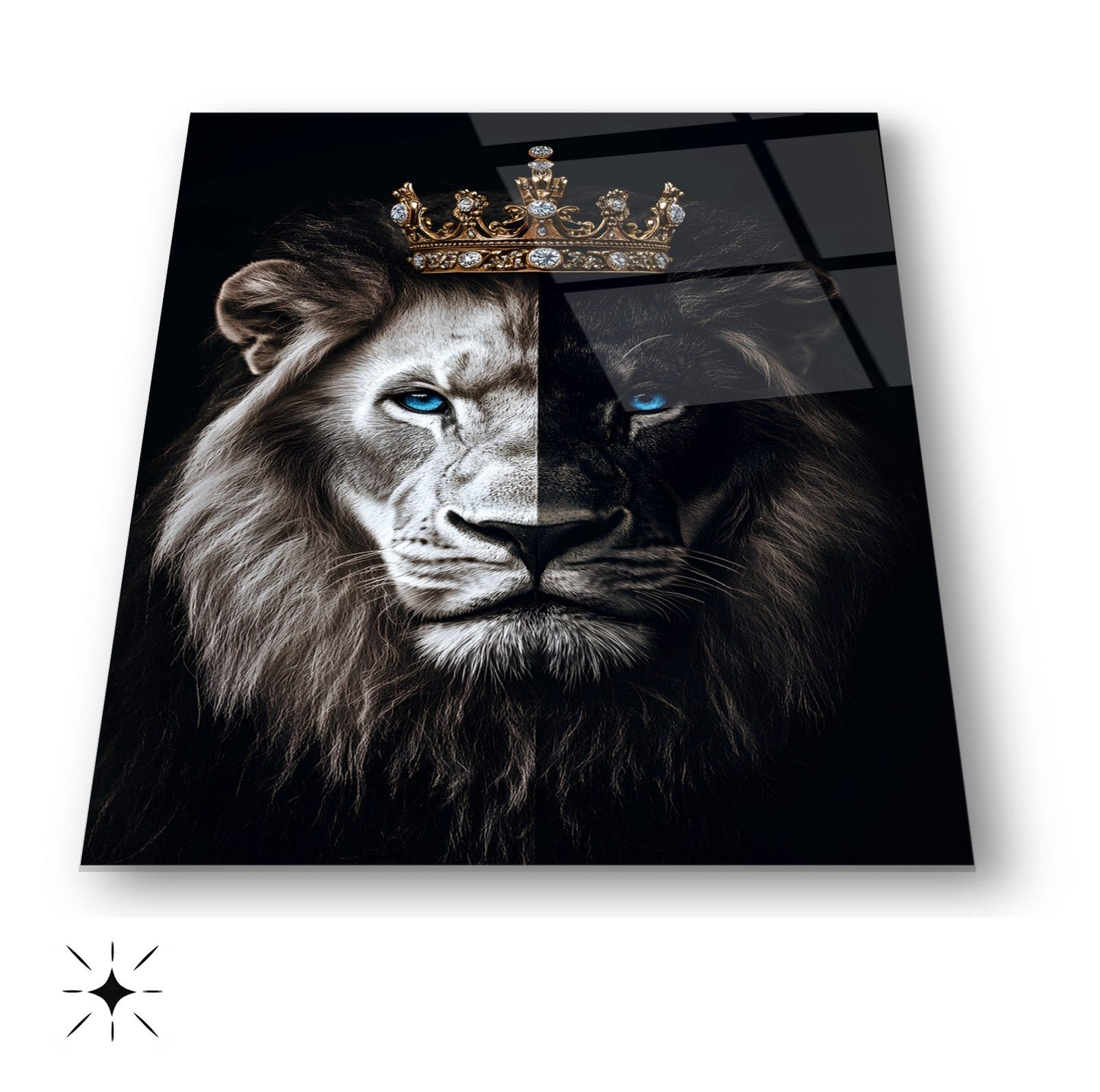 Mavi Gözlü Taçlı Aslan Cam Tablo