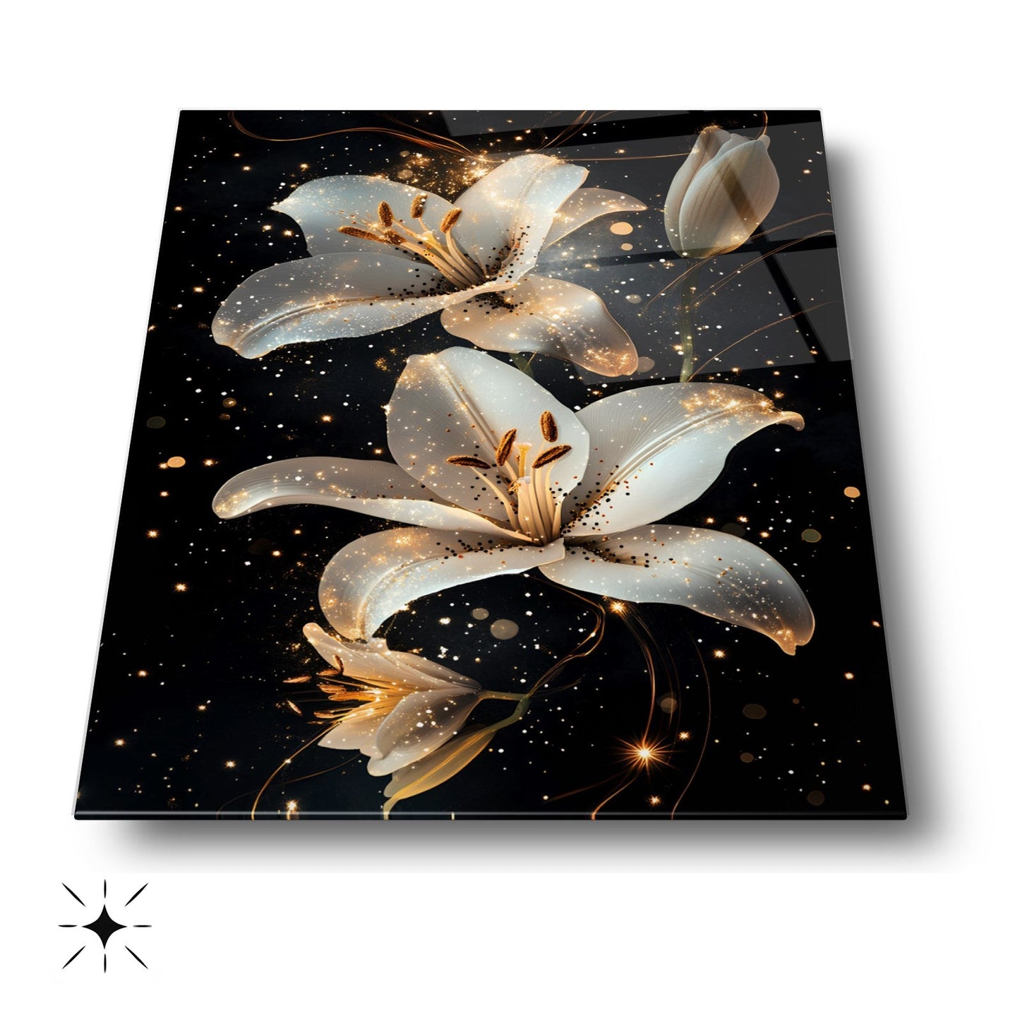 Gold Detaylı Beyaz Çiçekler Cam Tablo