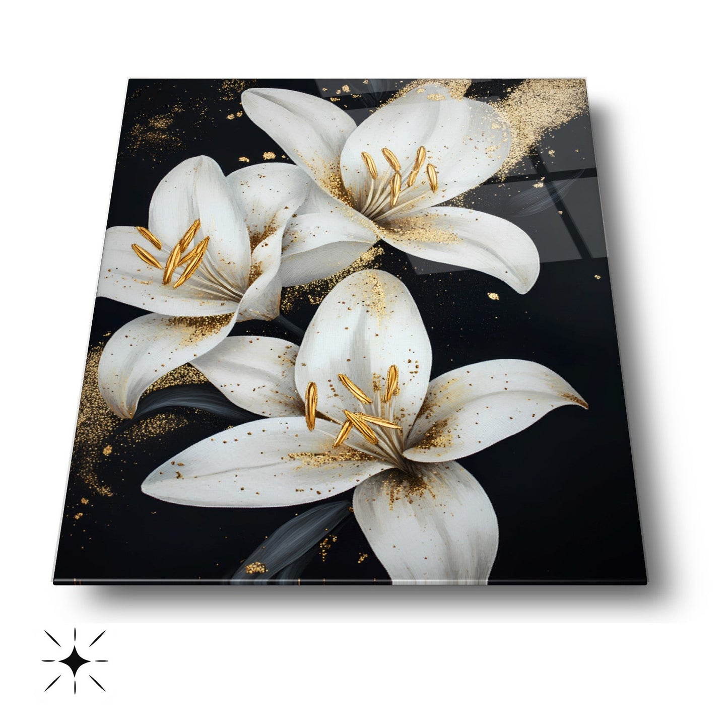 Gold Detaylı Beyaz Çiçekler Cam Tablo