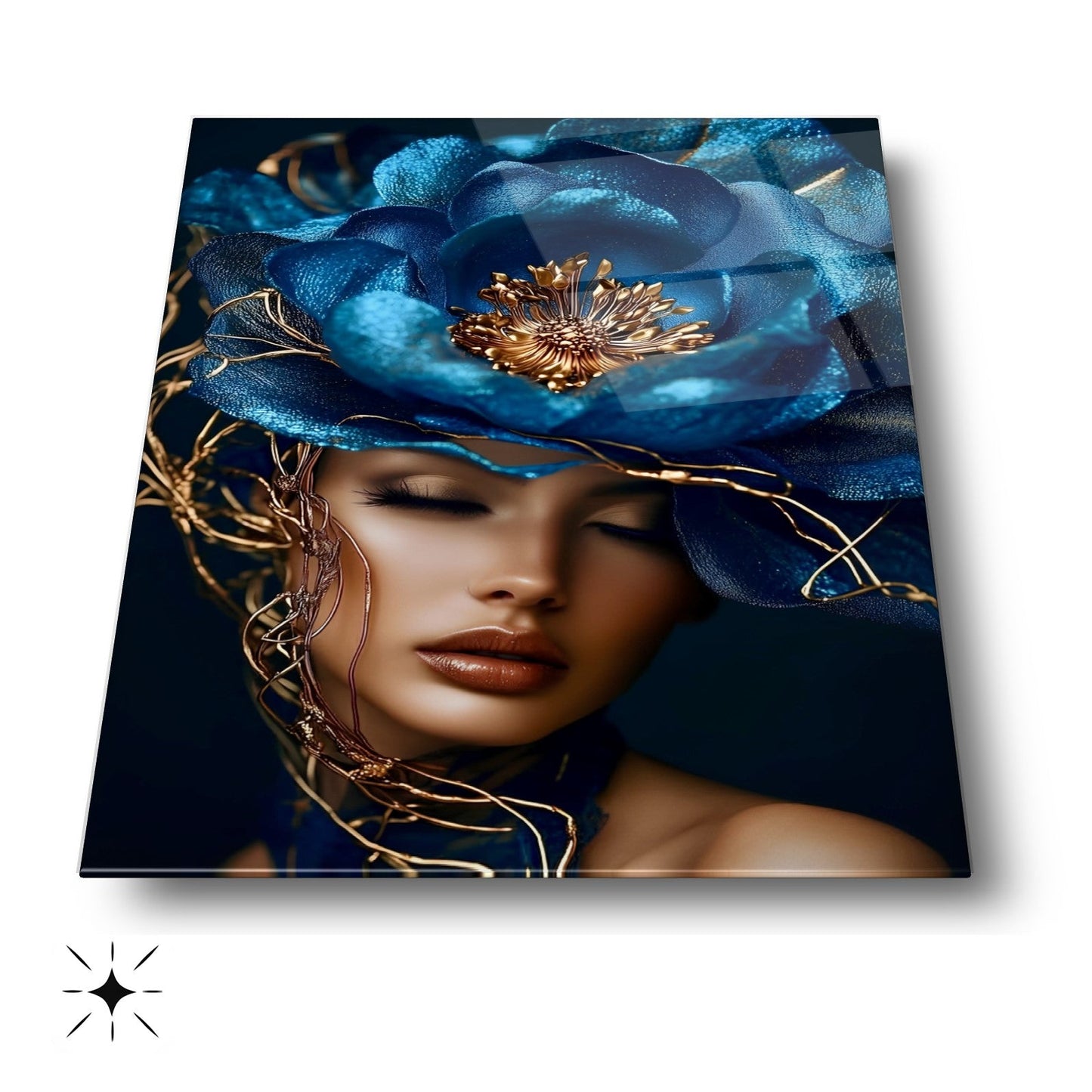 Mavi Çiçekli Kadın Cam Tablo