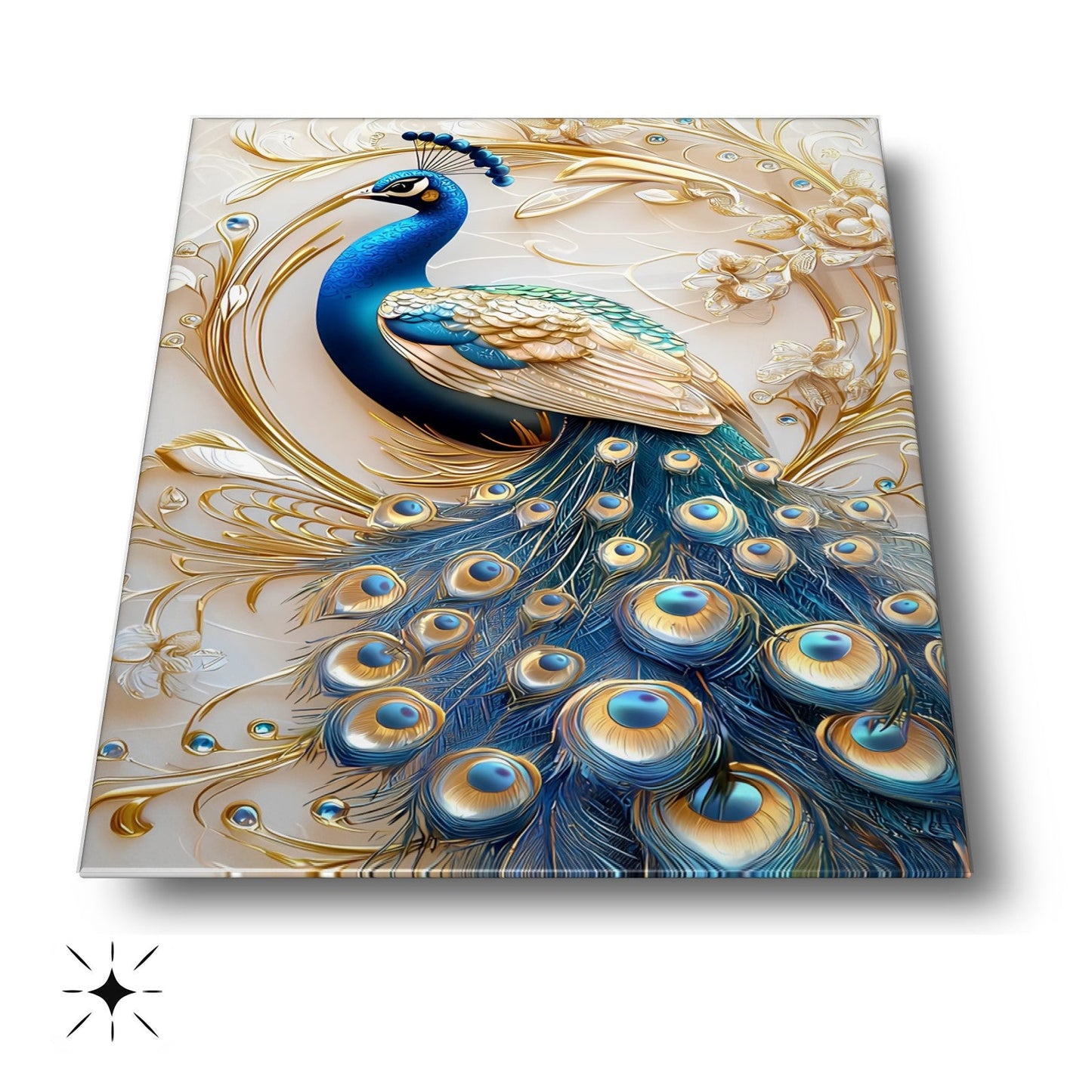 Mavi Gold Tavus Kuşu Cam Tablo