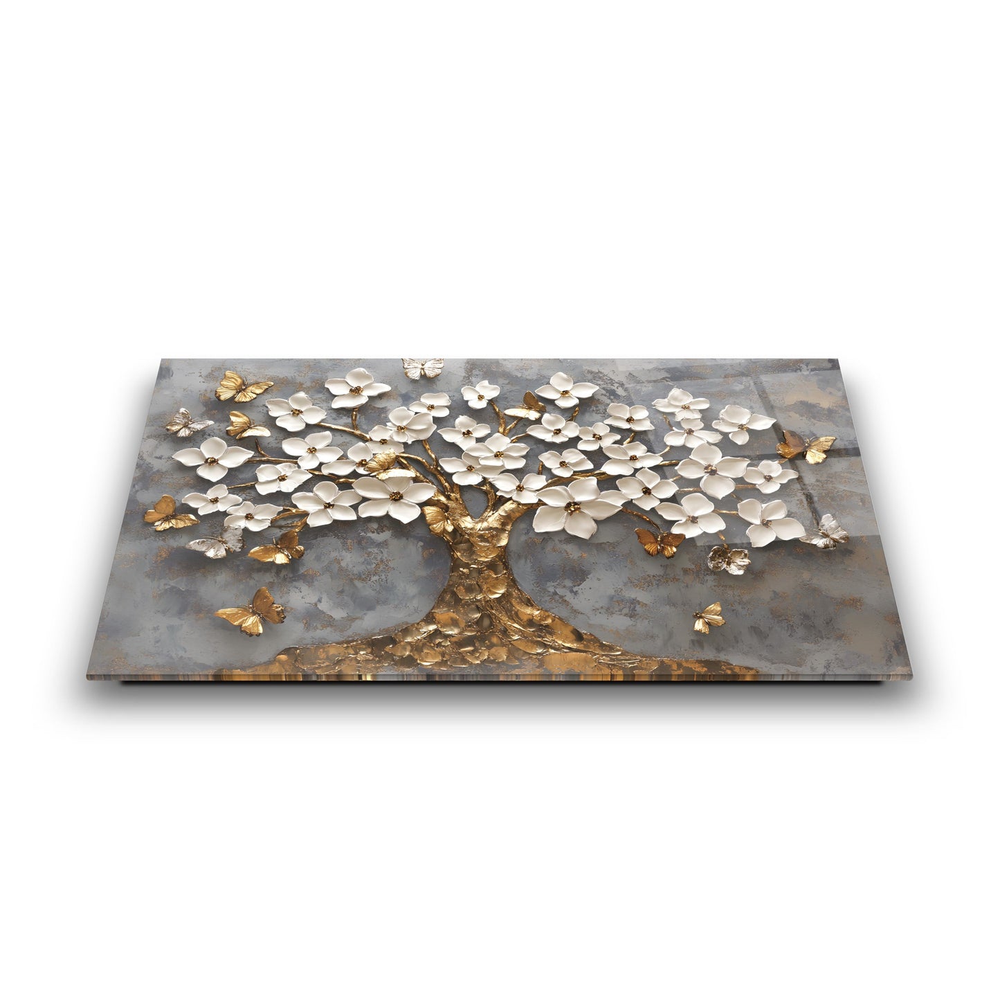 Gold Beyaz Hayat Ağacı Cam Tablo