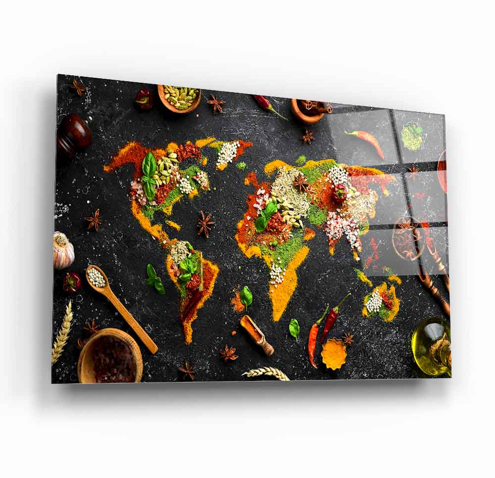 Baharatlı Dünya Haritası Cam Tablo