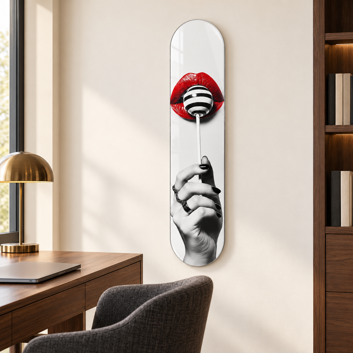 Kırmızı Dudak ve Çizgili Lolipop Dikey Skate Board Cam Tablo – Çalışma odasında görünüm