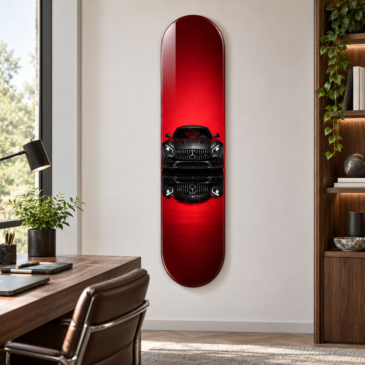 Kırmızı Zeminde Siyah Spor Otomobil Dikey Skate Board Cam Tablo – Çalışma odası