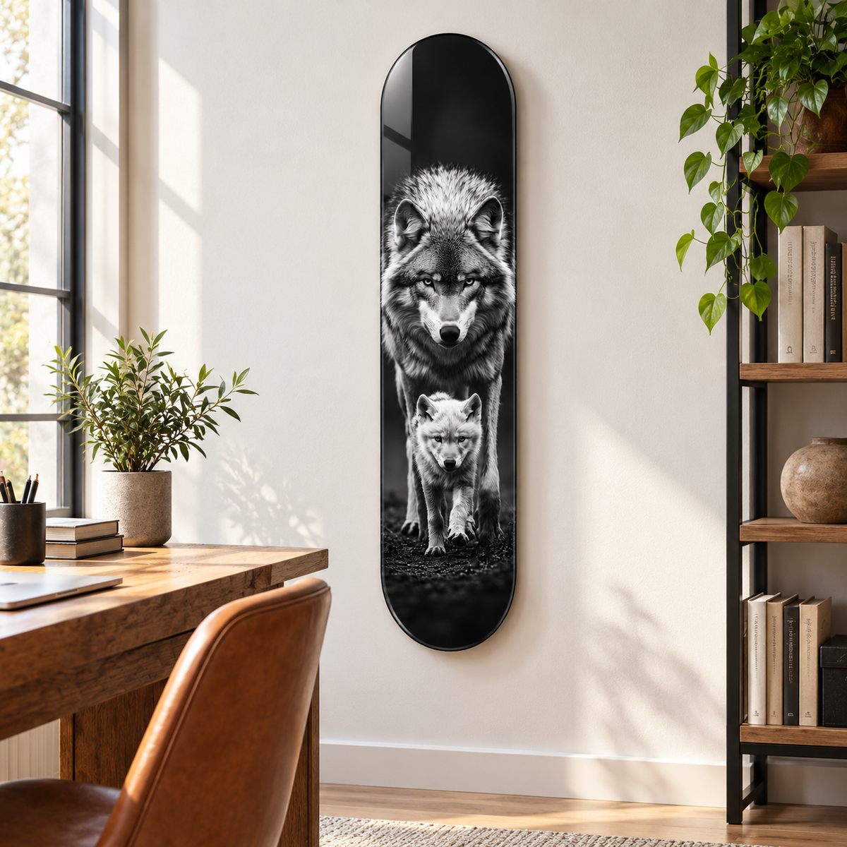 Kurt ve Yavrusu Dikey Skate Board Cam Tablo – Çalışma odasında görünüm