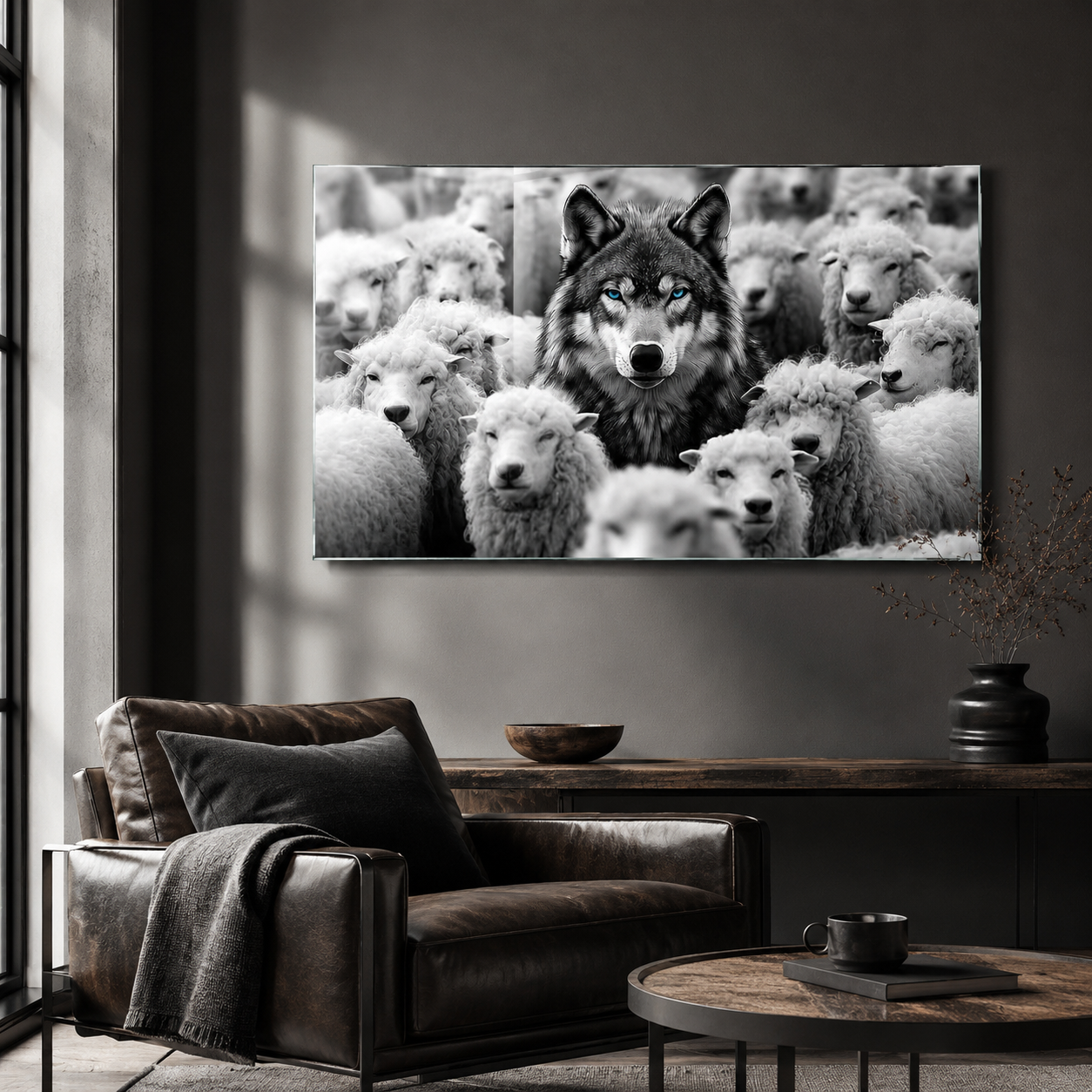 Mavi gözlü kurt ve koyunlar yatay cam tablo modern okuma köşesi mockup