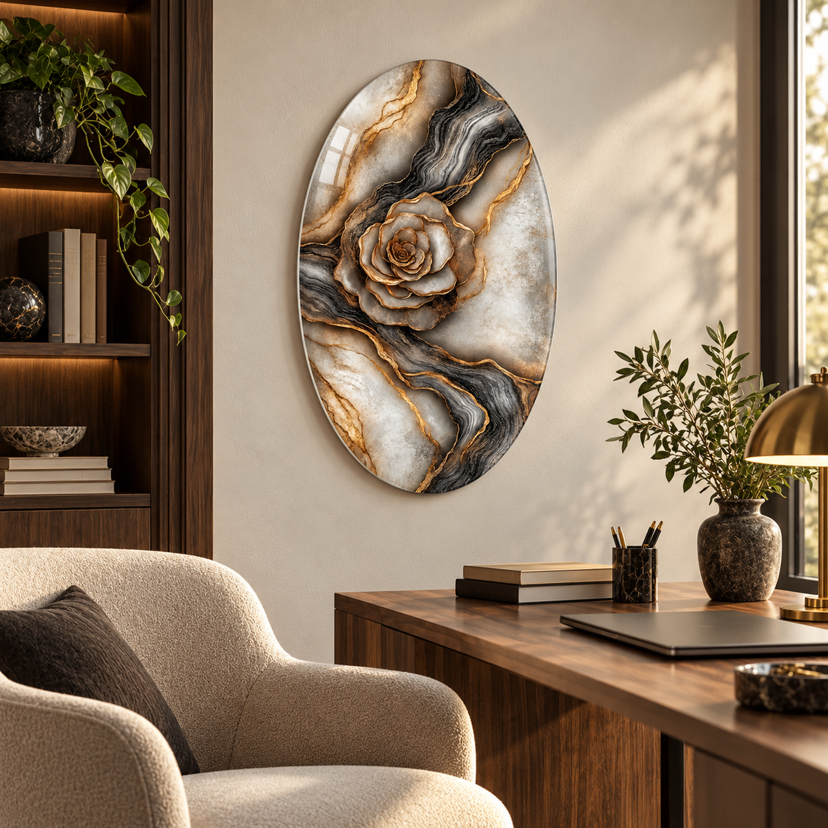 Altın Damarlı Antrasit Gül Dikey Oval Cam Tablo - Alternatif mekân
