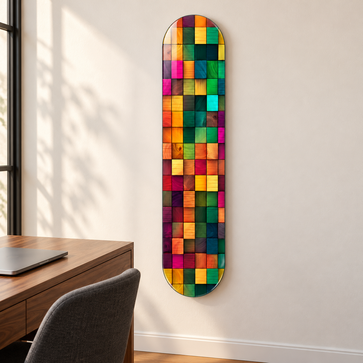 Renkli Ahşap Mozaik Dikey Skate Board Cam Tablo – Çalışma odasında görünüm