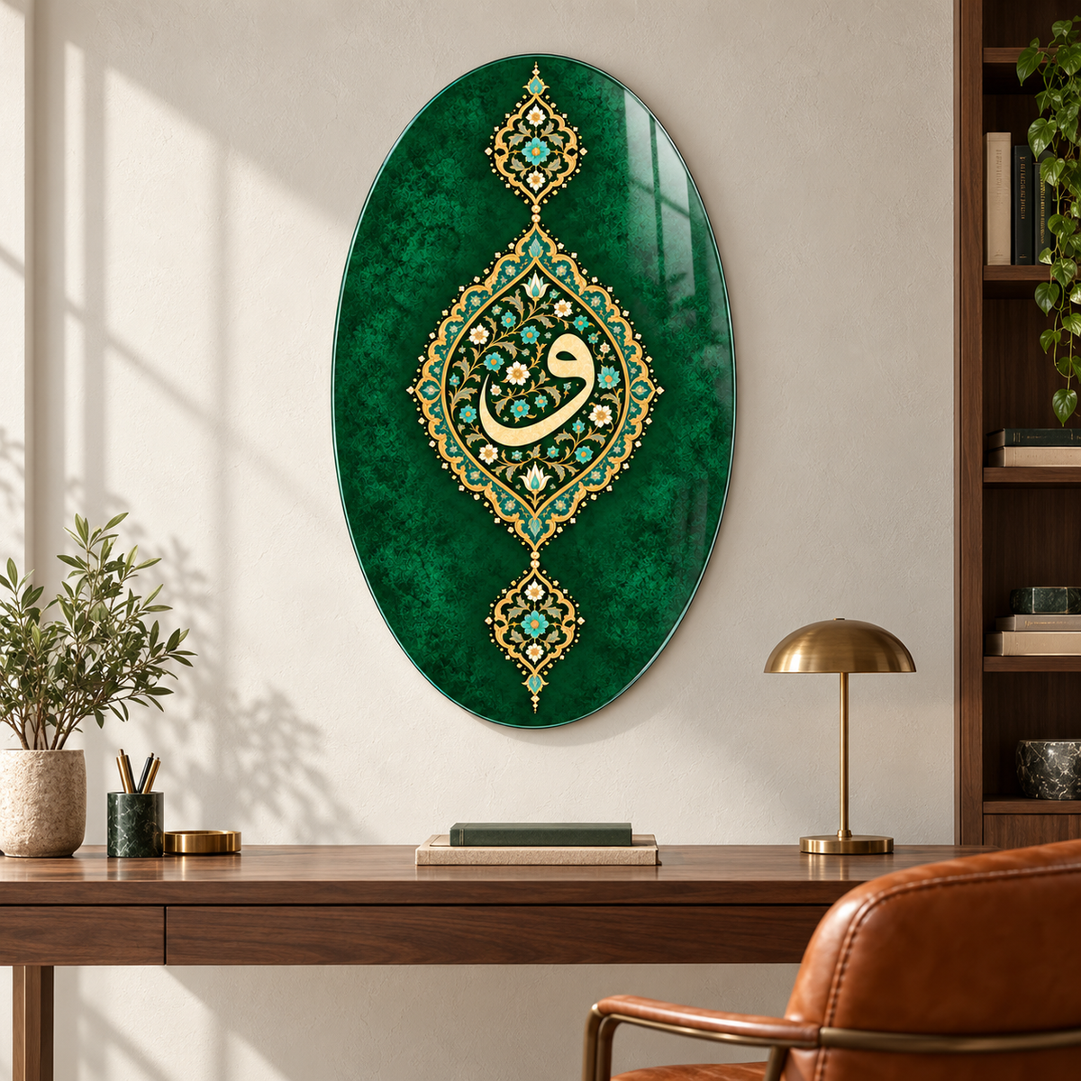 Zümrüt Zeminli Osmanlı Vav Tezhibi Dikey Oval Cam Tablo - Premium çalışma odası