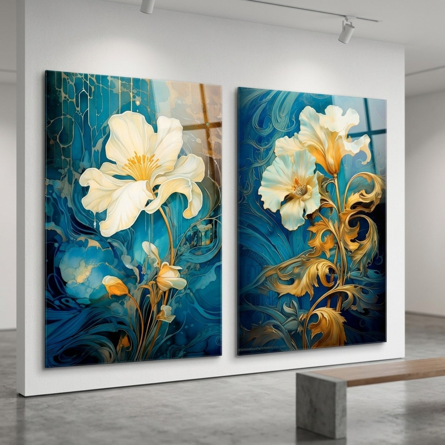 Art Nouveau Tarzı Mavi ve Altın Çiçekli Dikey 2'li Set Cam Tablo