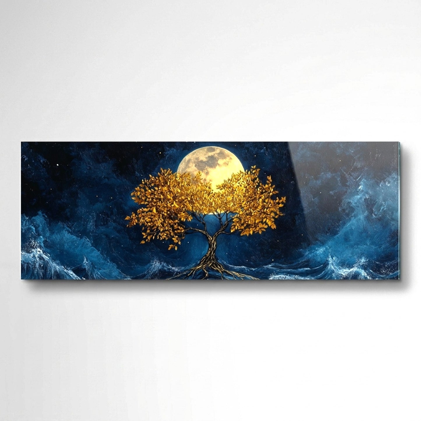 Gece Mavisi Altın Yaşam Ağacı Panoramik Yatay Cam Tablo