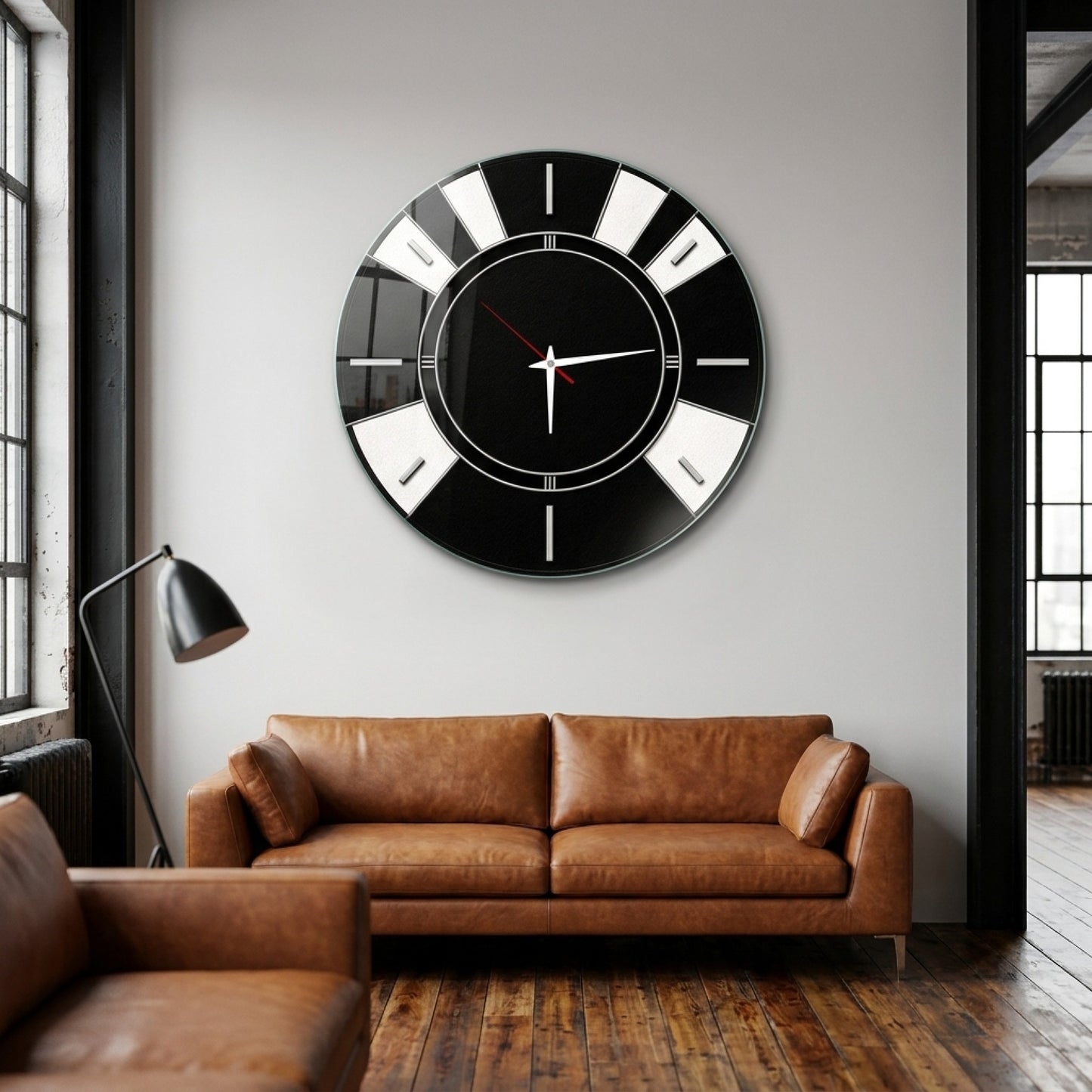 Art Deco Stil Siyah Beyaz Saat Cam Saat