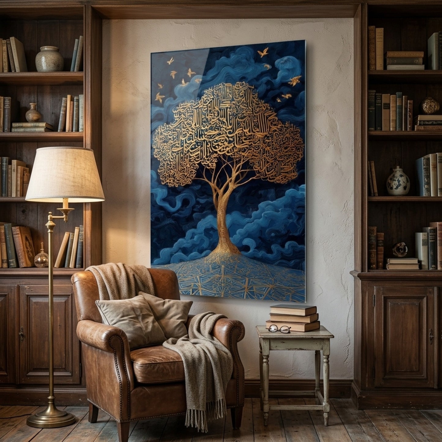 Modern İslami Sanat Altın Kaligrafi Ağacı Dikey Cam Tablo