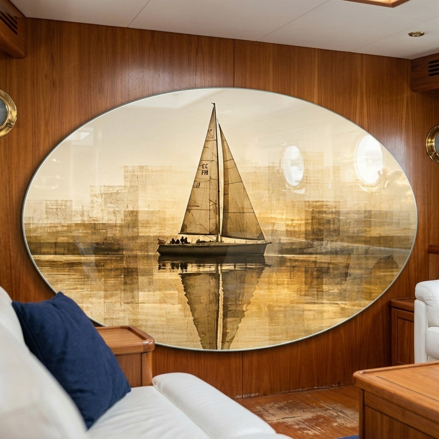 Altın Yelkenli Deniz Sanat Oval Yatay Cam Tablo