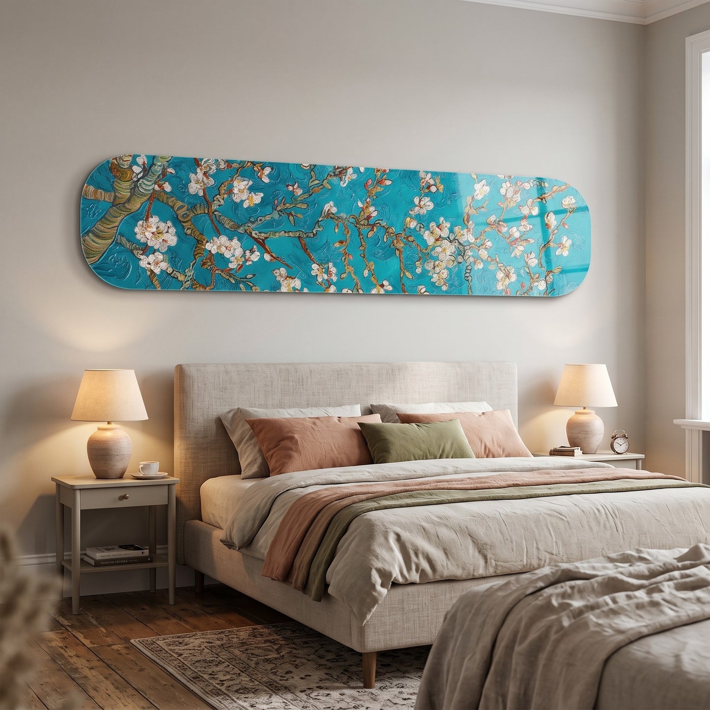 Van Gogh Badem Çiçekleri Yağlıboya Skate Board Yatay Cam Tablo