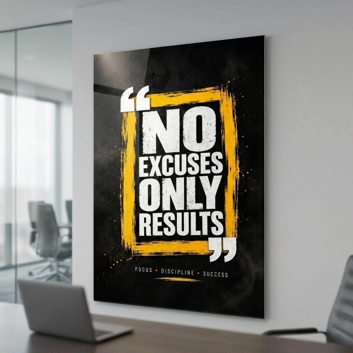 No Excuses Only Results Motivasyon Sözlü Dikey Cam Tablo