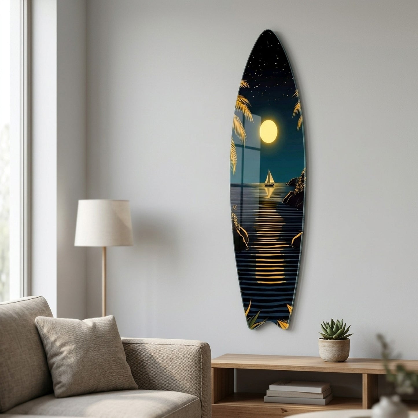 Tropik Adada Dolunay ve Yelkenli Manzarası Surf Board Cam Tablo