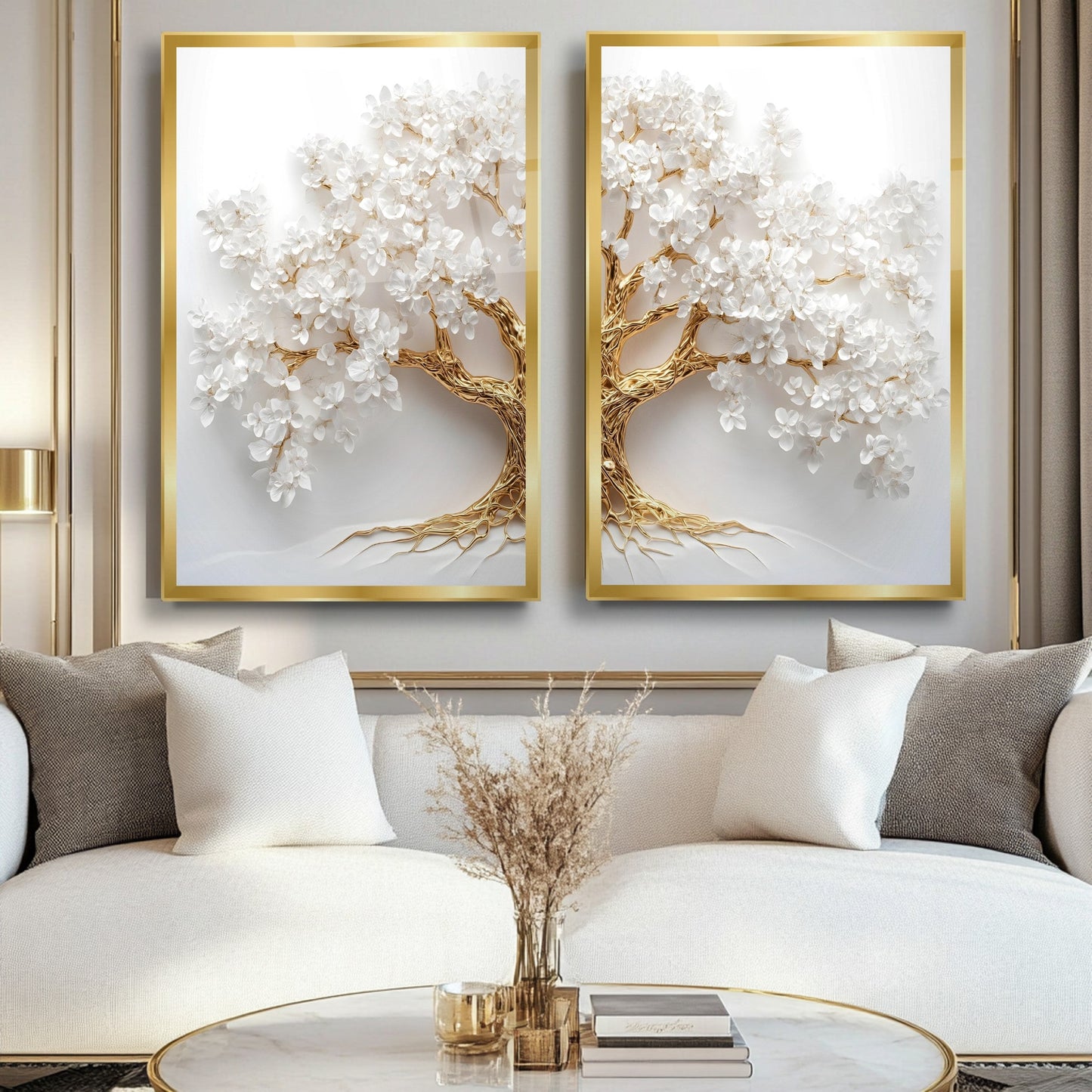 Gold Beyaz Hayat Ağacı İkili Set Cam Tablo