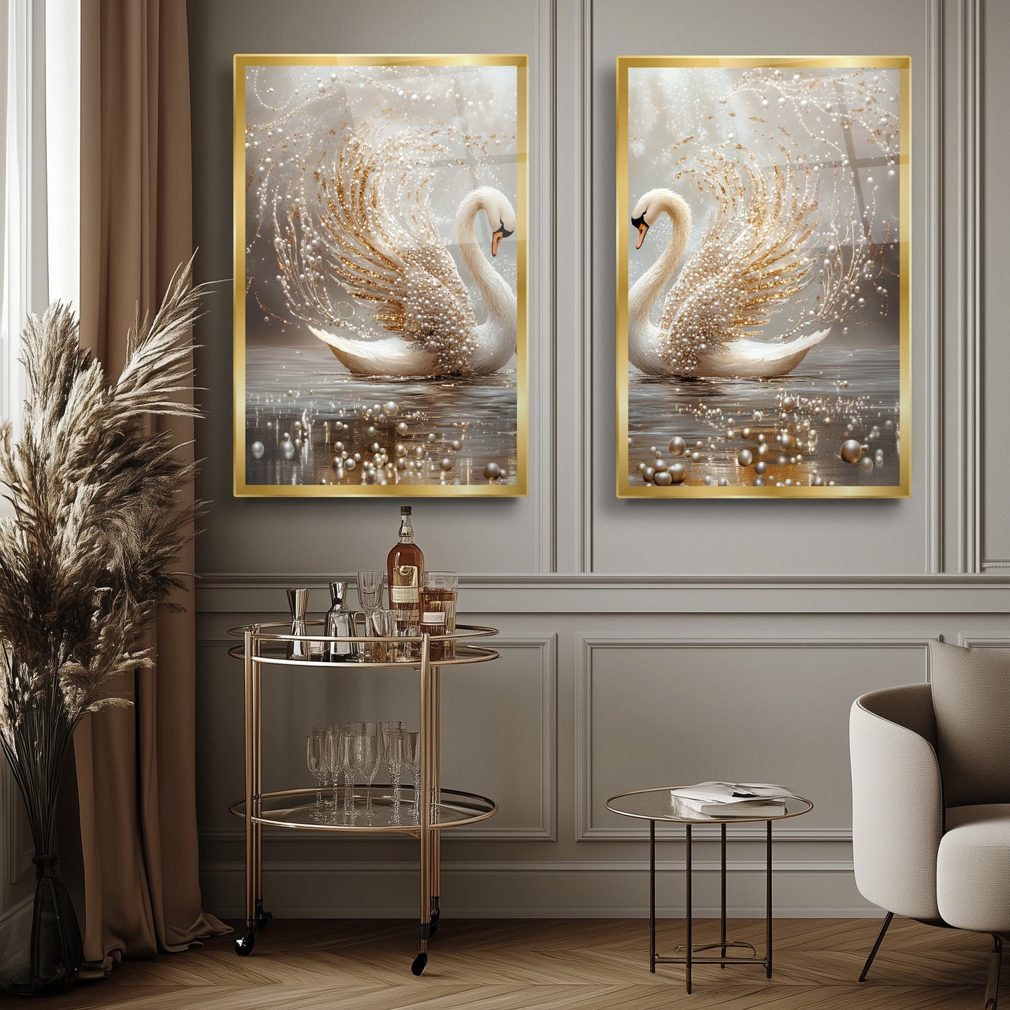 Gold İncili Çifte Kuğular İkili Set Cam Tablo