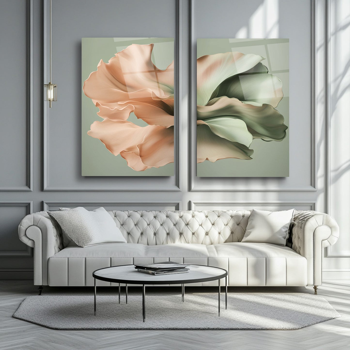 Pembe Yeşil Çiçek İkili Set Cam Tablo