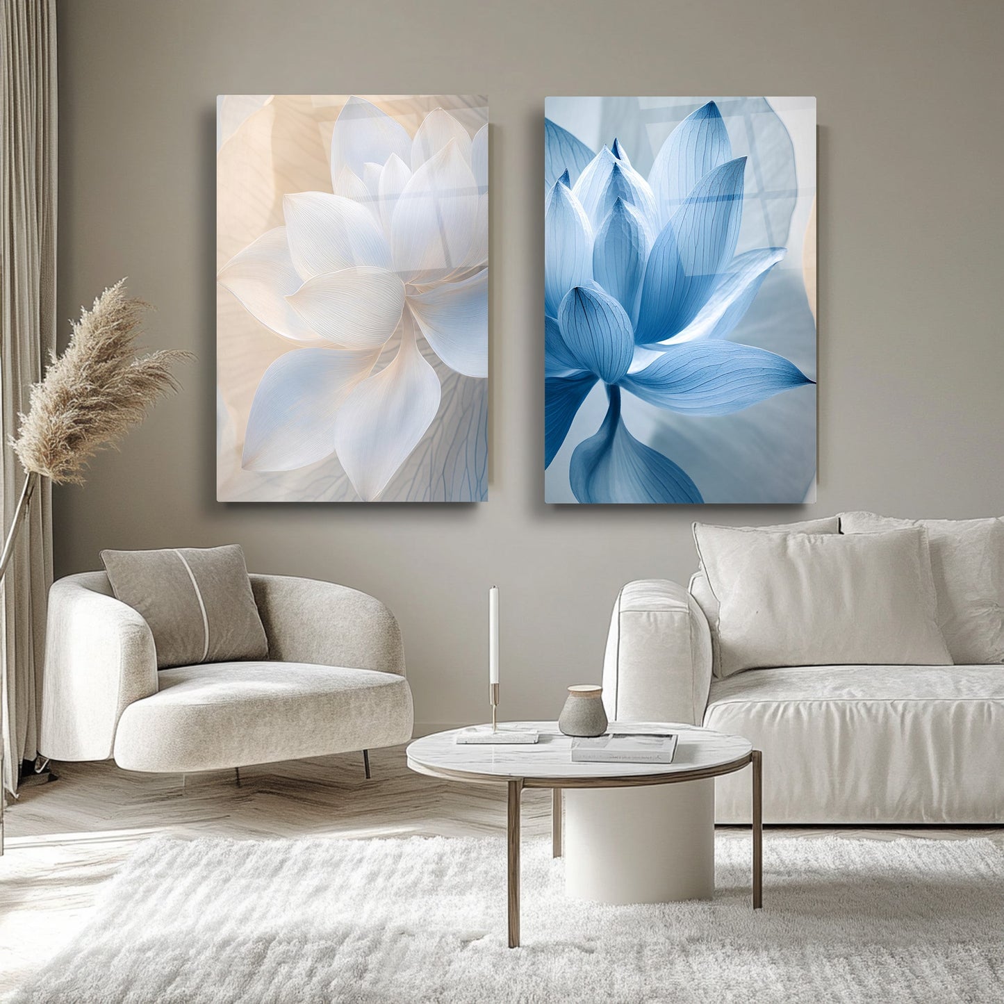 Mavi Beyaz Çiçekler İkili Set Cam Tablo