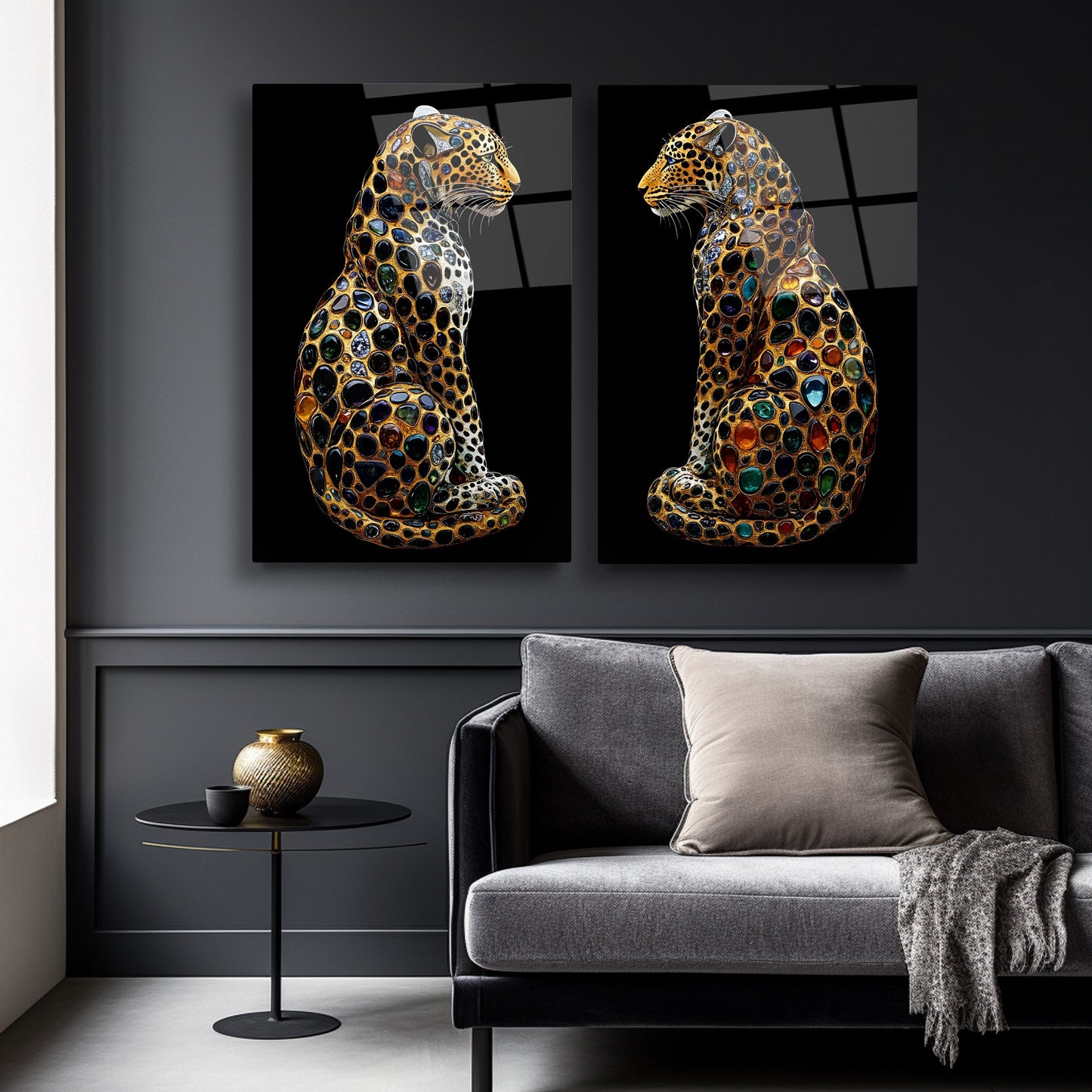 Taşlı Gold Leoparlar İkili Set Cam Tablo