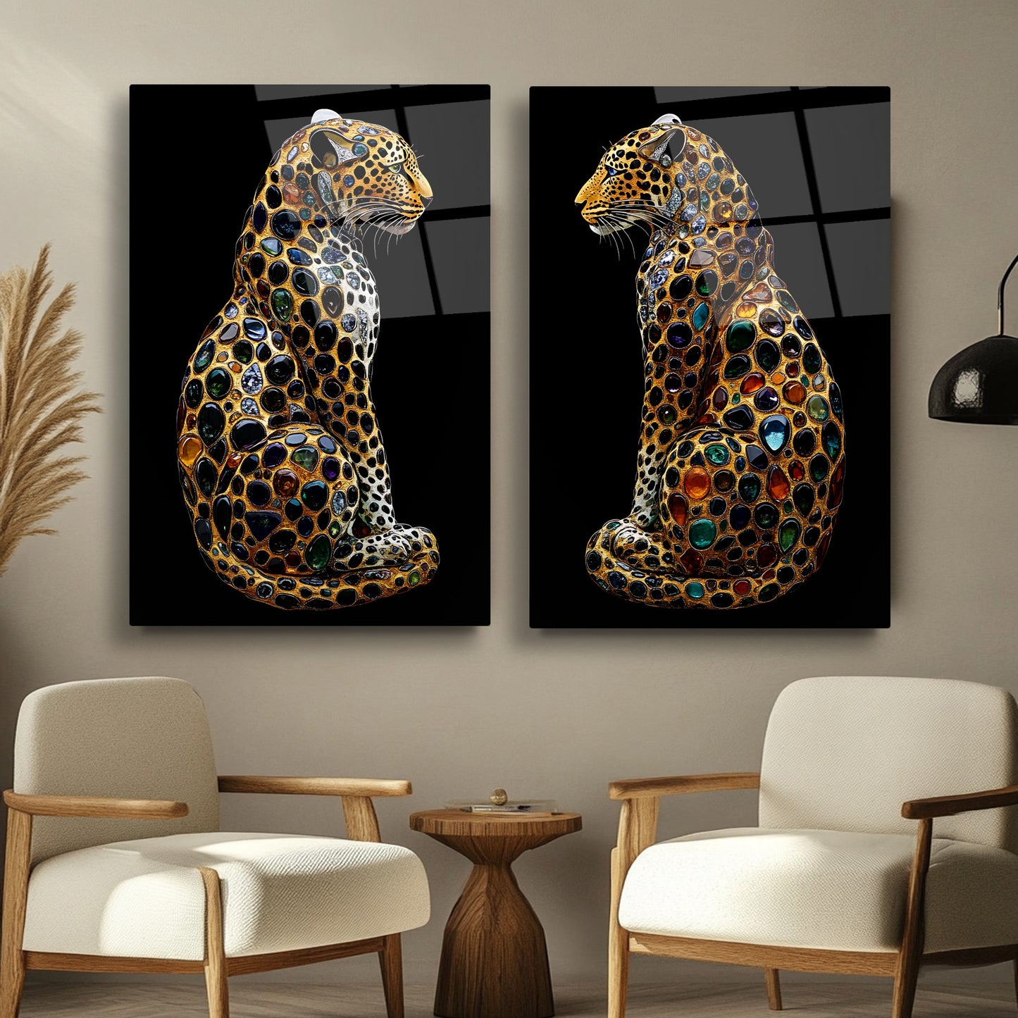 Taşlı Gold Leoparlar İkili Set Cam Tablo