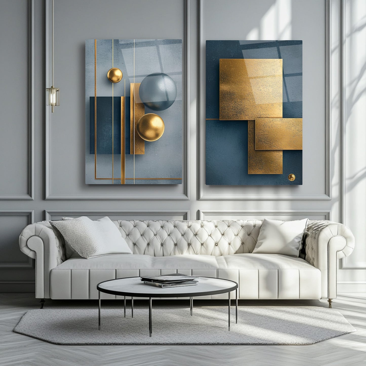 Soyut Gold Mavi İkili Set Cam Tablo