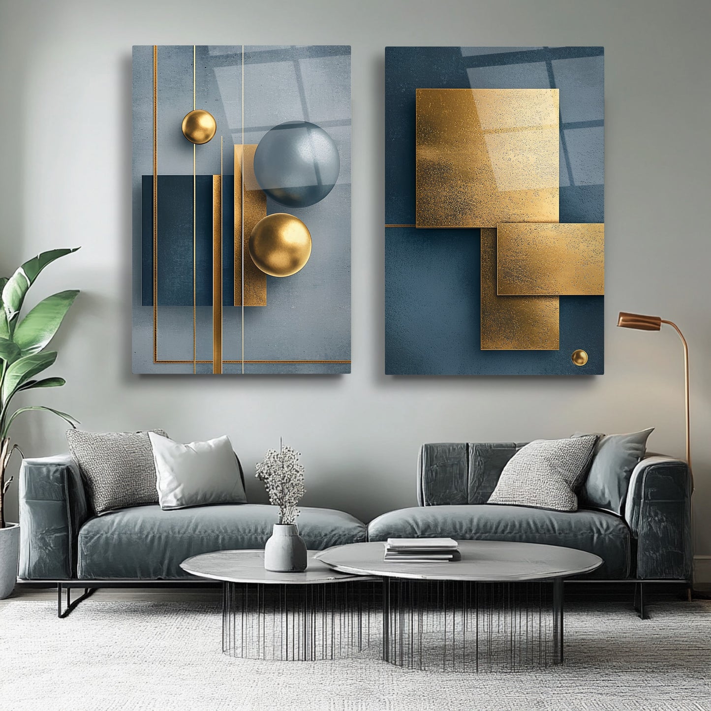 Soyut Gold Mavi İkili Set Cam Tablo