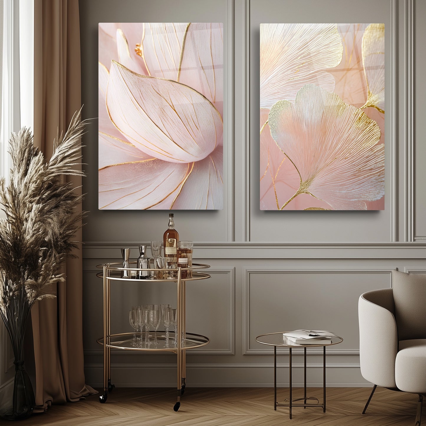 Pembe Gold Çiçekler İkili Set Cam Tablo