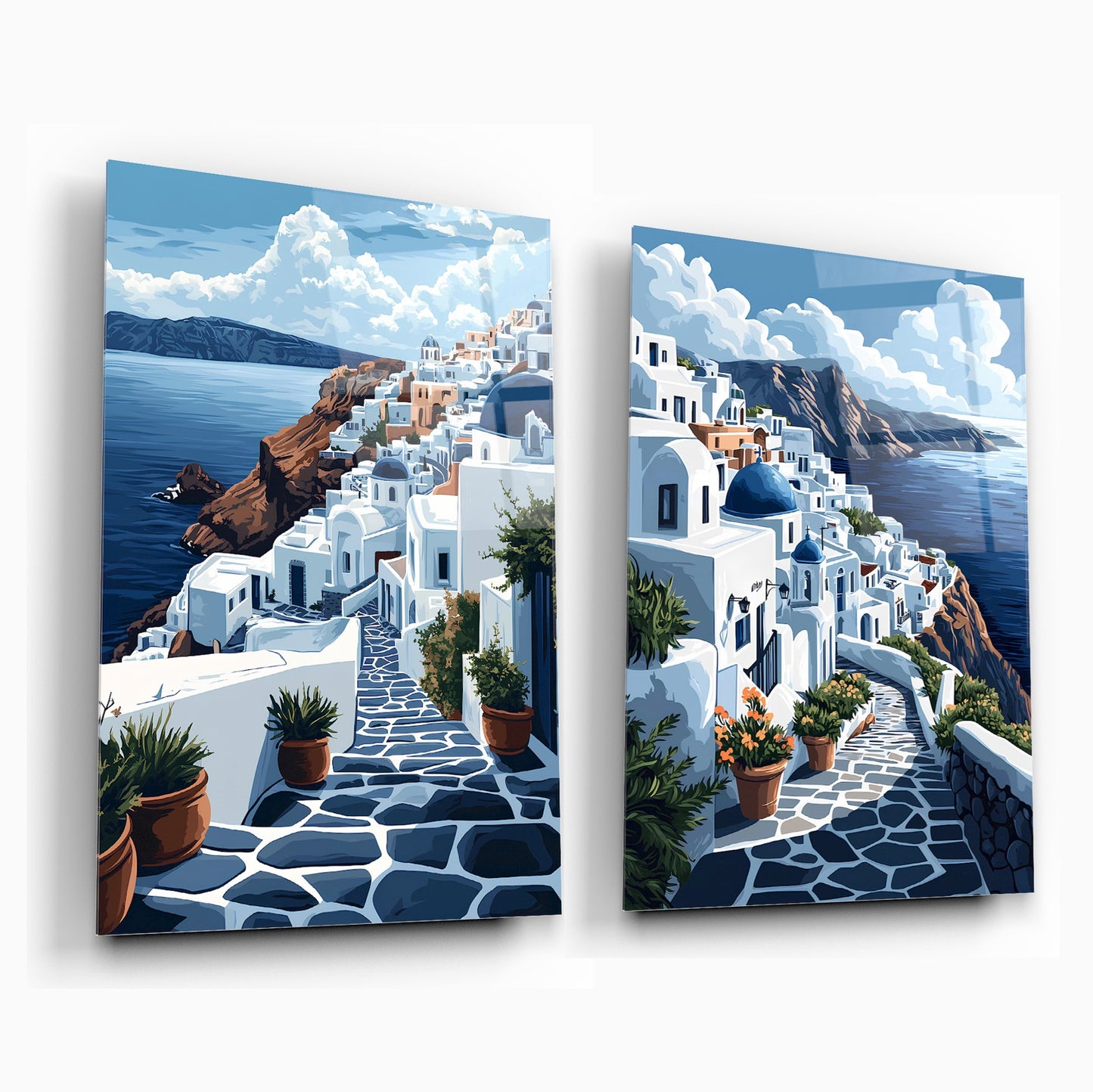 Santorini Deniz Manzarası İkili Set Cam Tablo