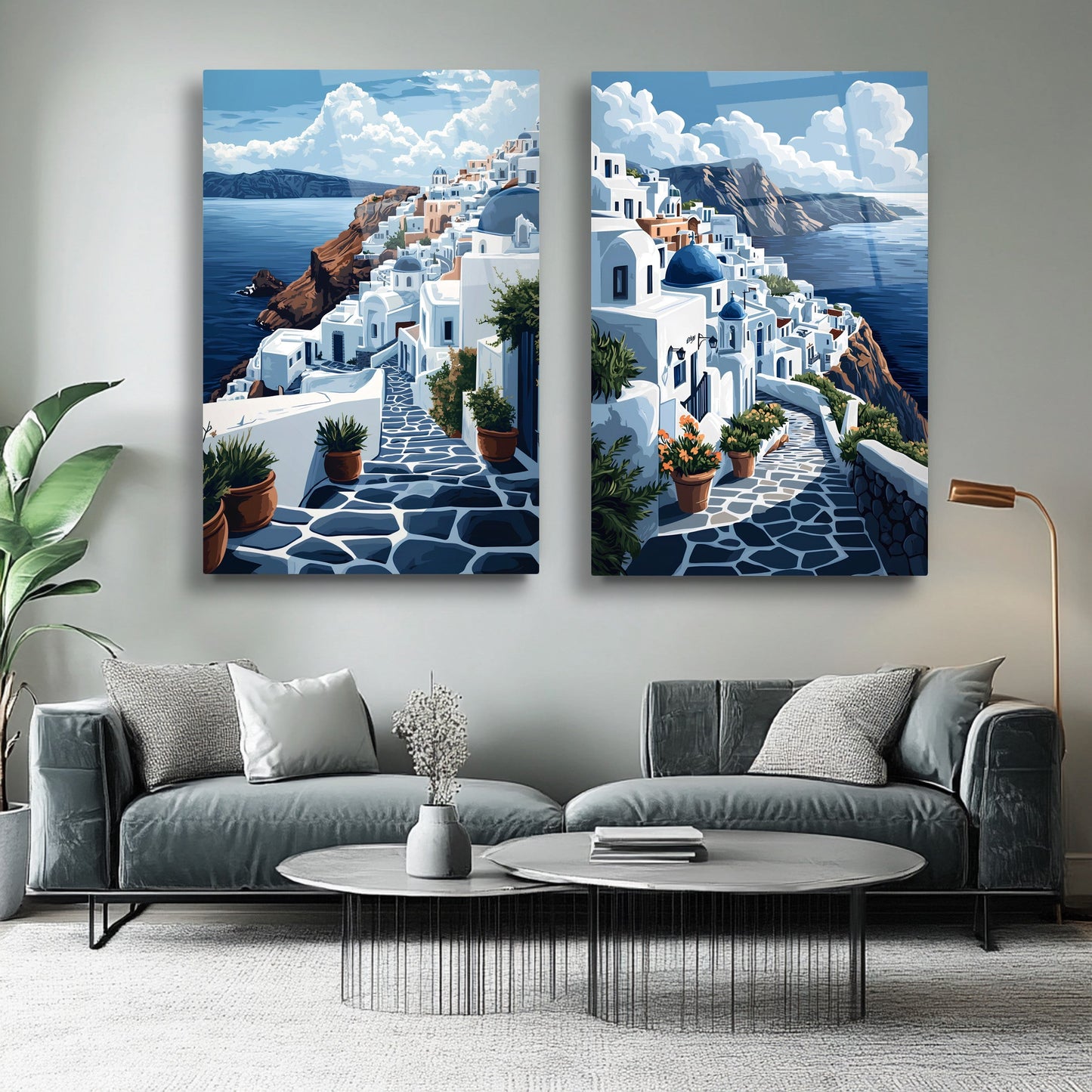 Santorini Deniz Manzarası İkili Set Cam Tablo
