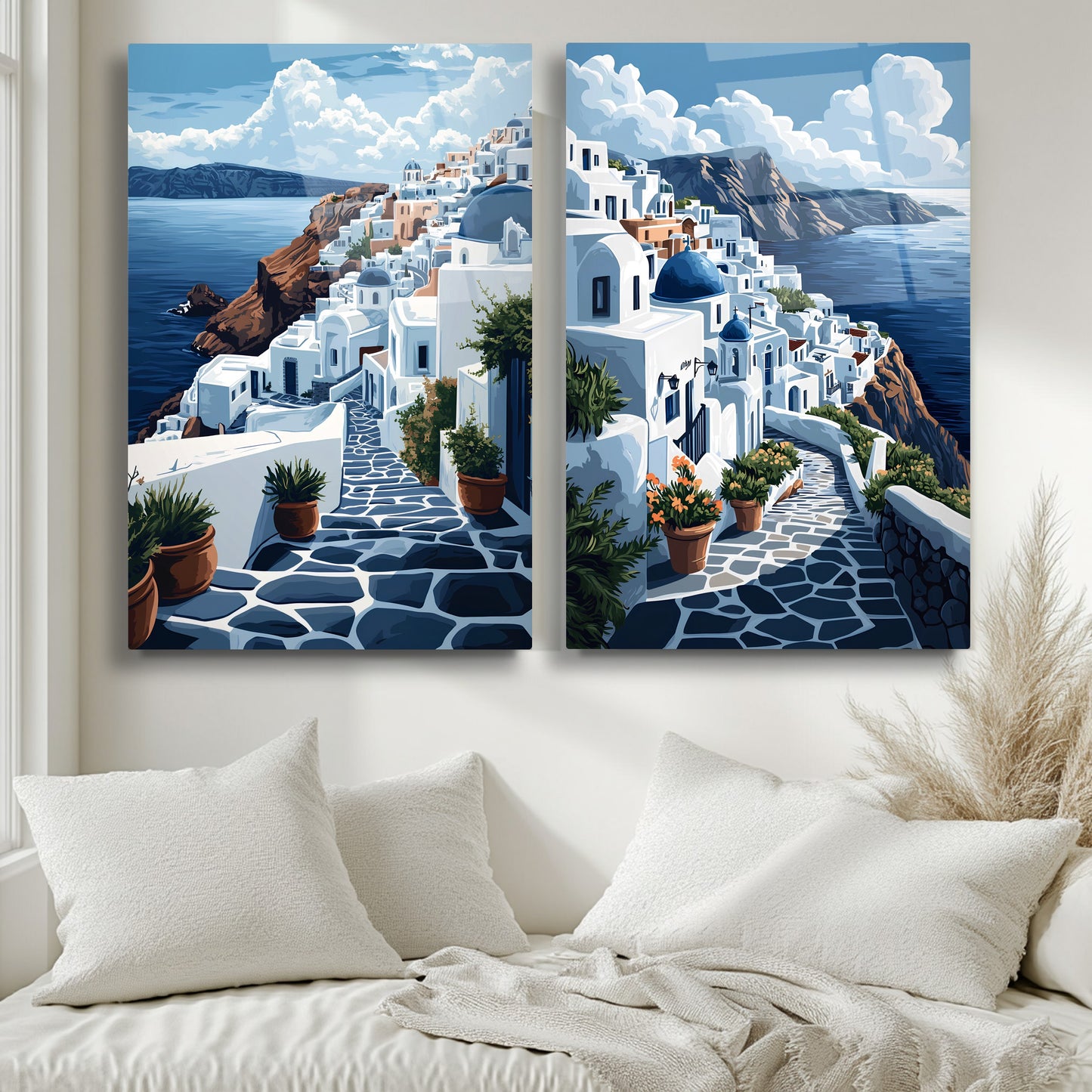 Santorini Deniz Manzarası İkili Set Cam Tablo