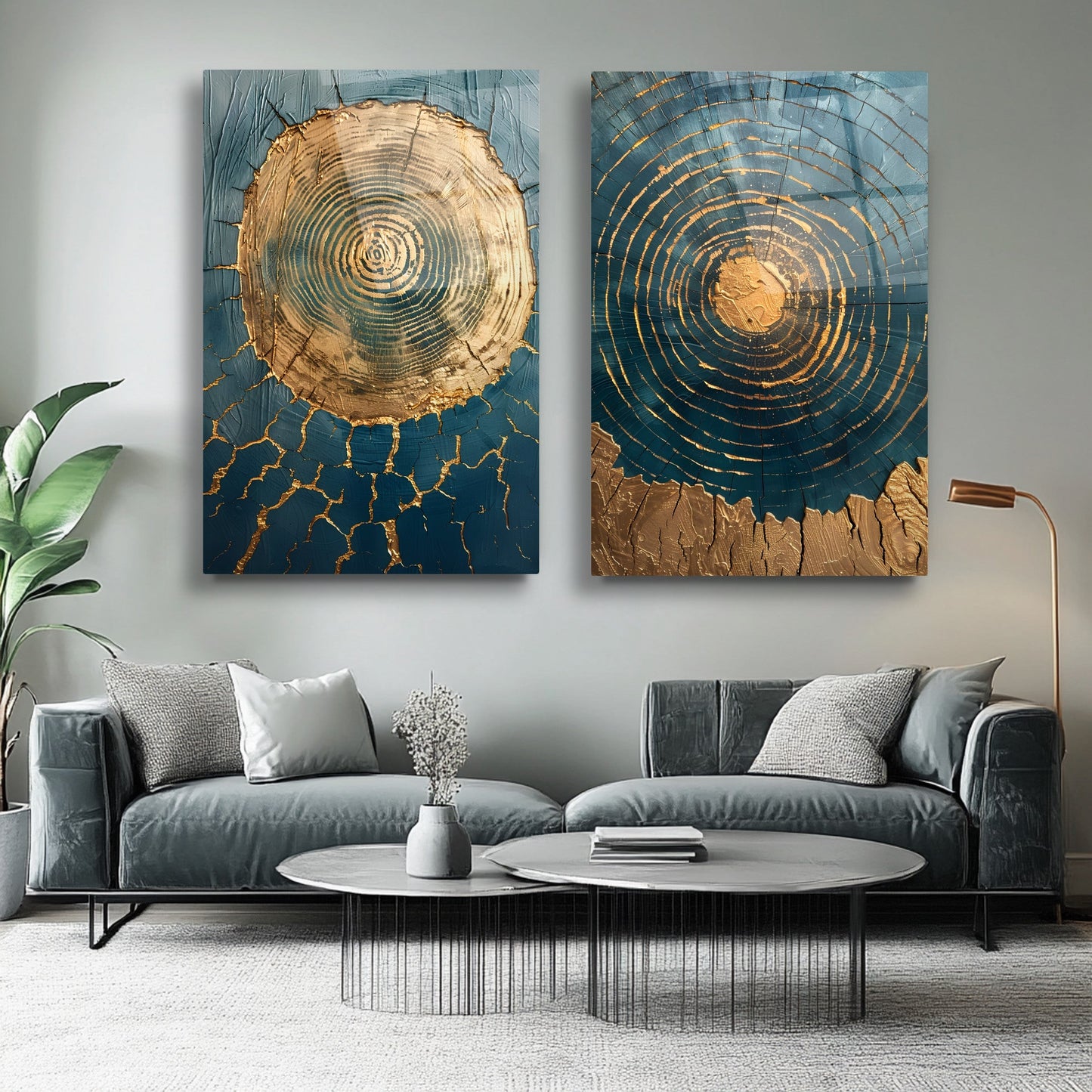 Soyut Mavi Gold İkili Set Cam Tablo