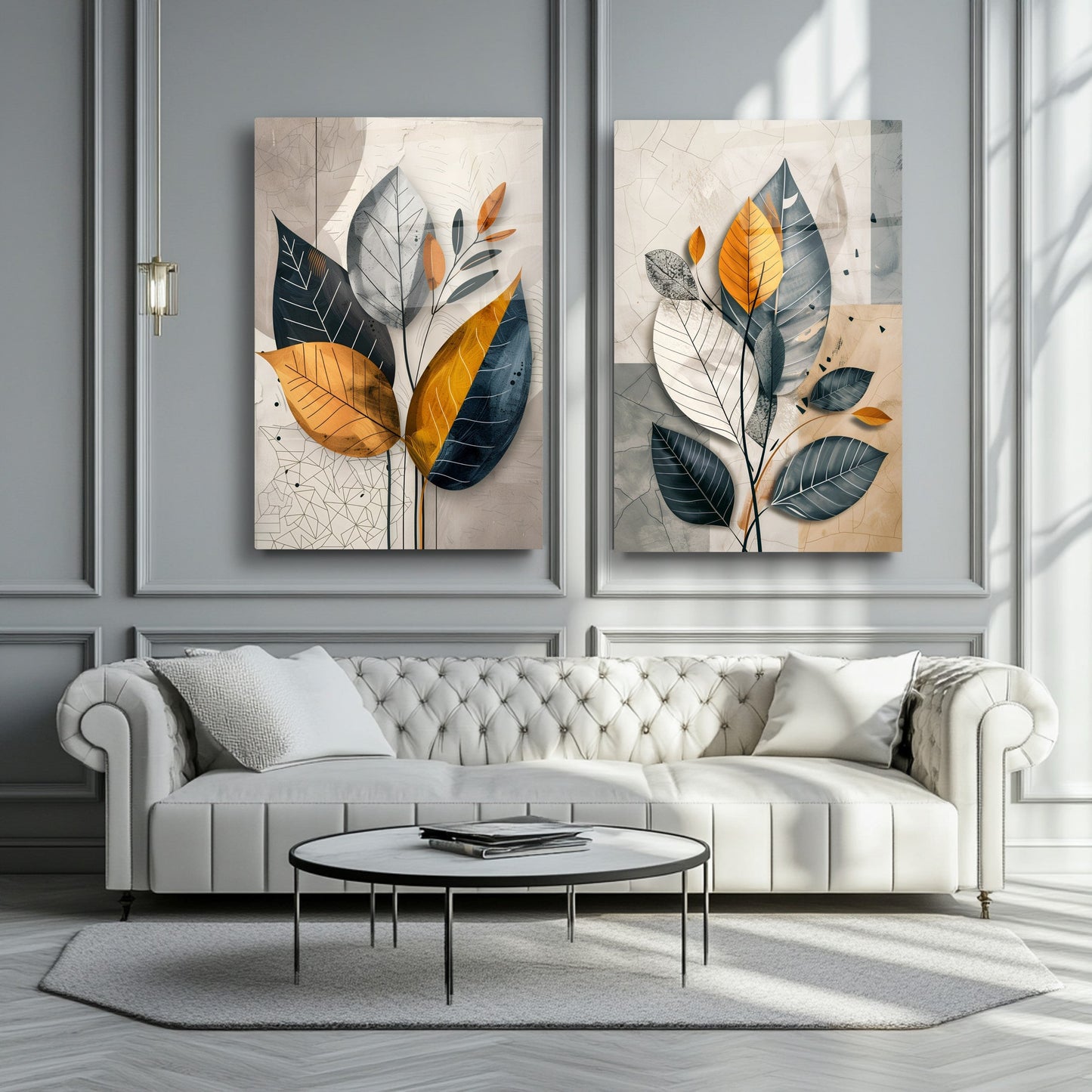 Renkli Soft Yapraklar İkili Set Cam Tablo