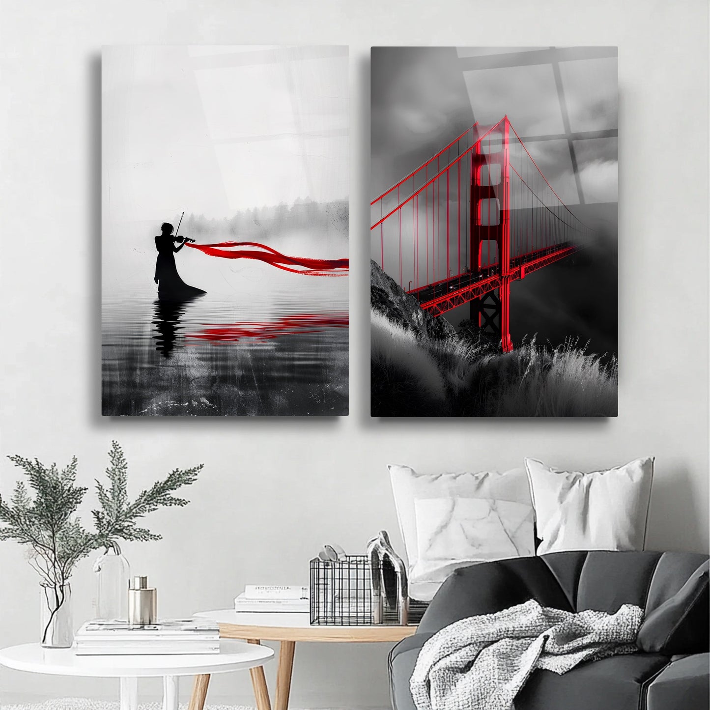 Kırmızı Detaylar İkili Set Cam Tablo