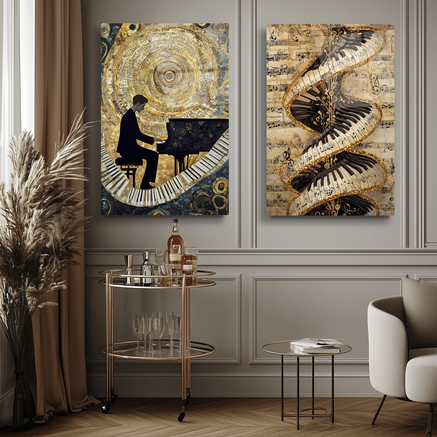 Gold Müzikli Tema İkili Set Cam Tablo
