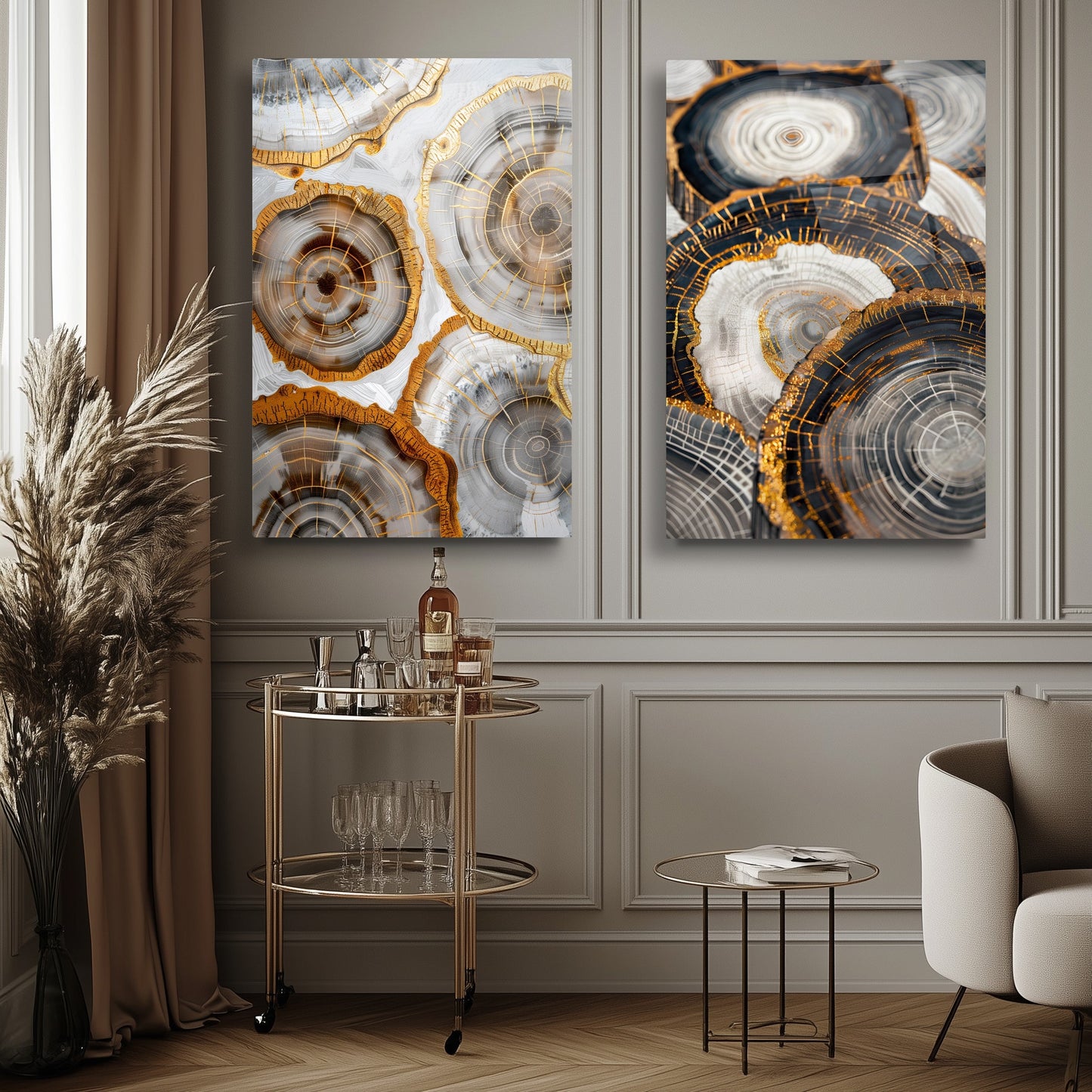 Gold Soyut Halkalar İkili Set Cam Tablo