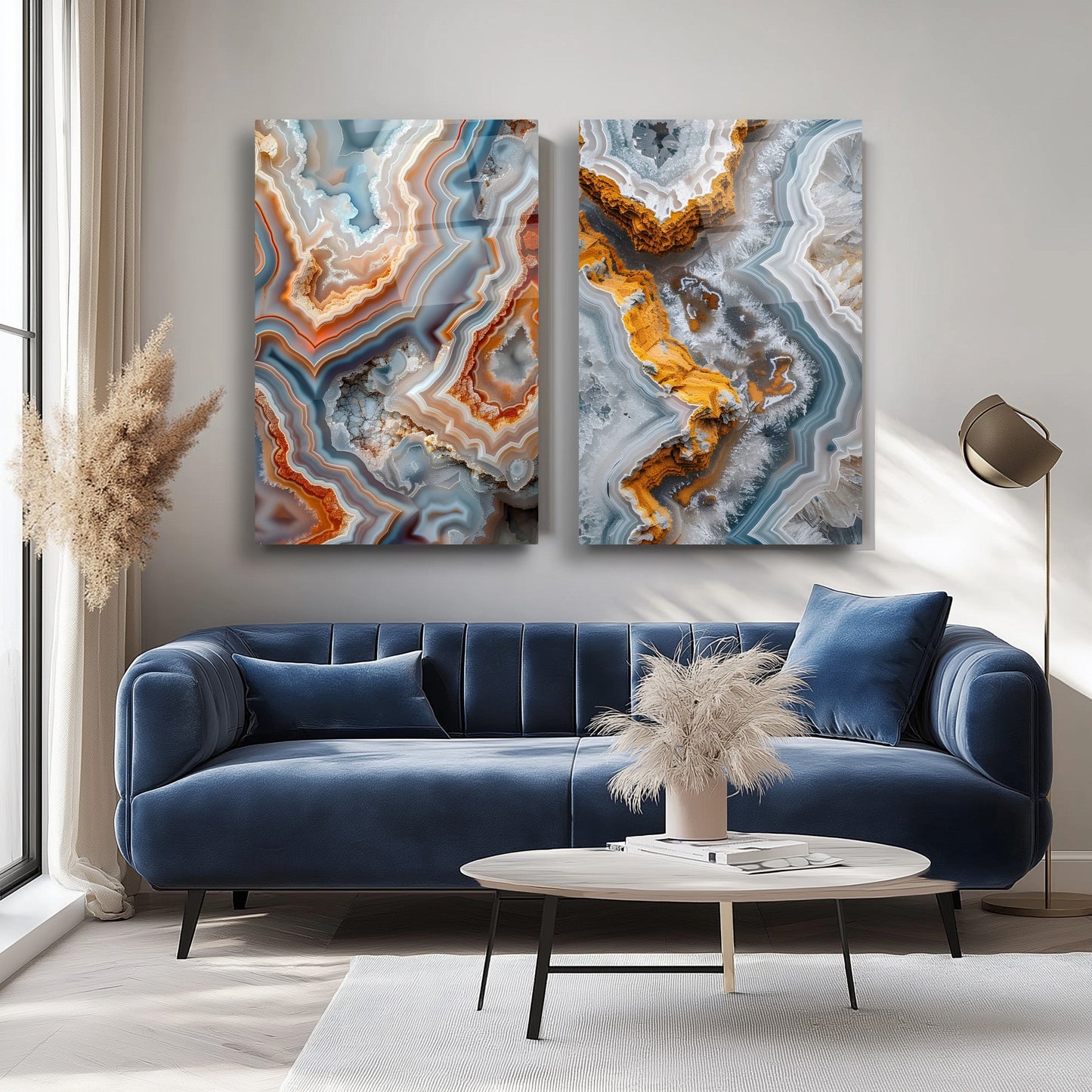 Renkli Mermer Desen İkili Set Cam Tablo