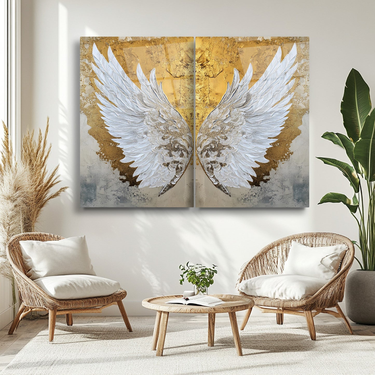 Gold Beyaz Melek Kanatları İkili Set Cam Tablo