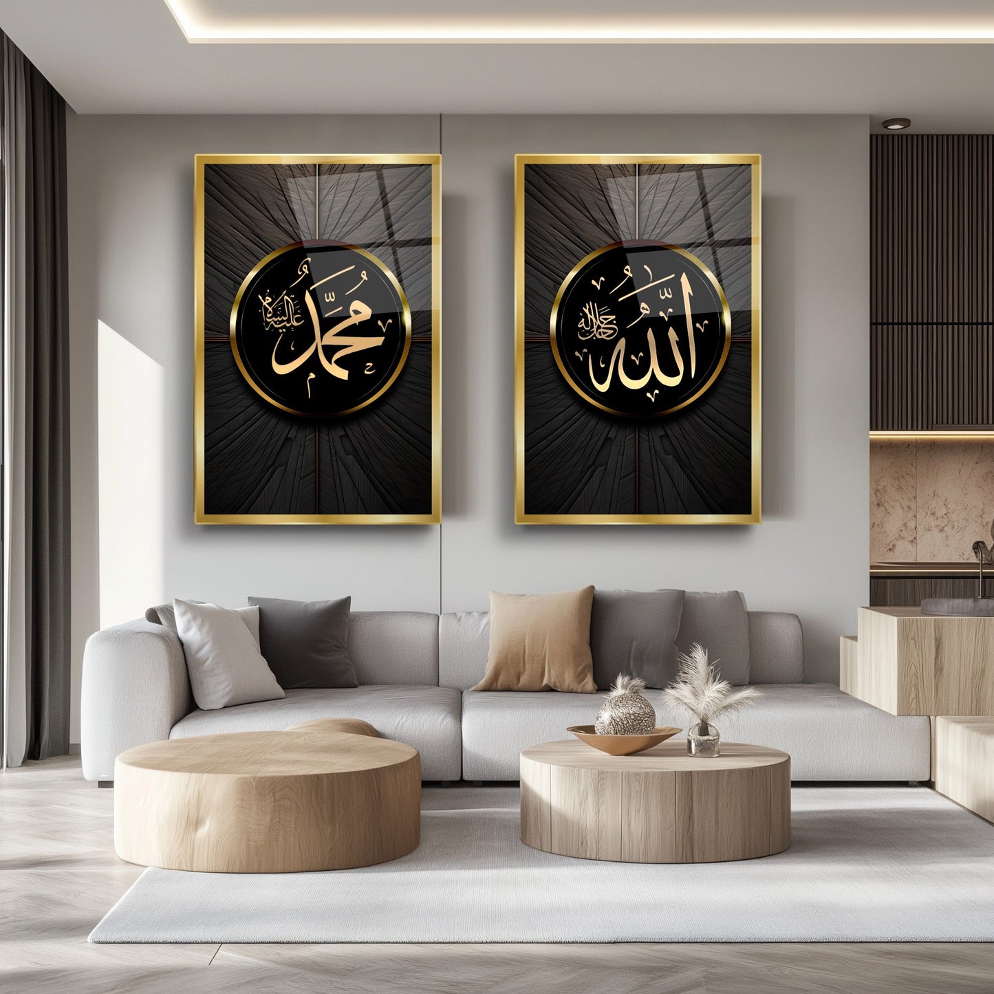 Allah Muhammed Lafzı İslami Dini İkili Set Cam Tablo