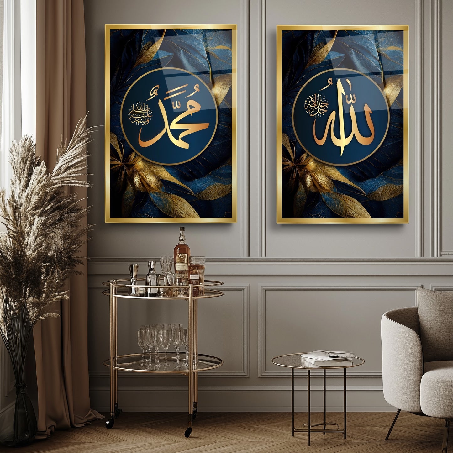 Allah Muhammed Lafzı İslami Dini İkili Set Cam Tablo