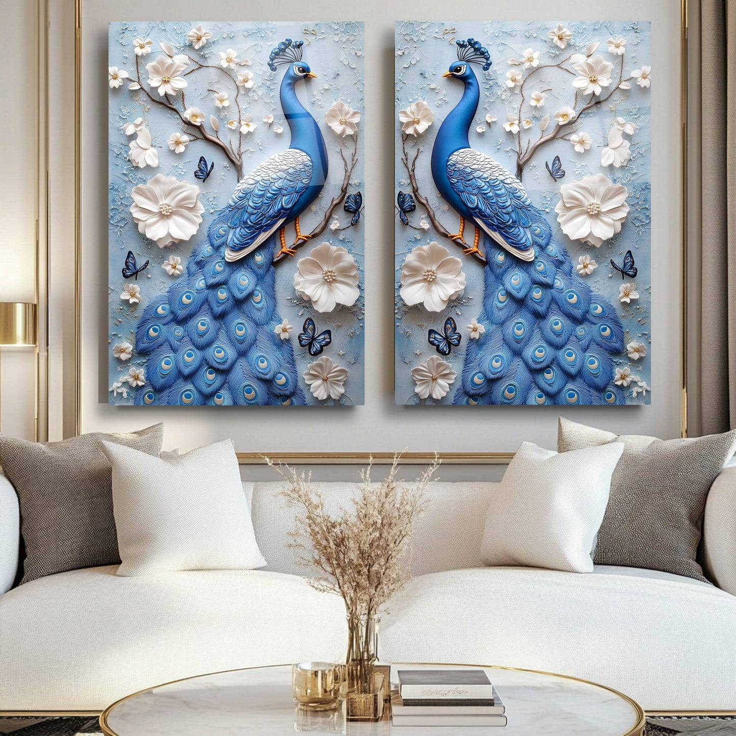 Mavi Tavus Kuşları İkili Set Cam Tablo
