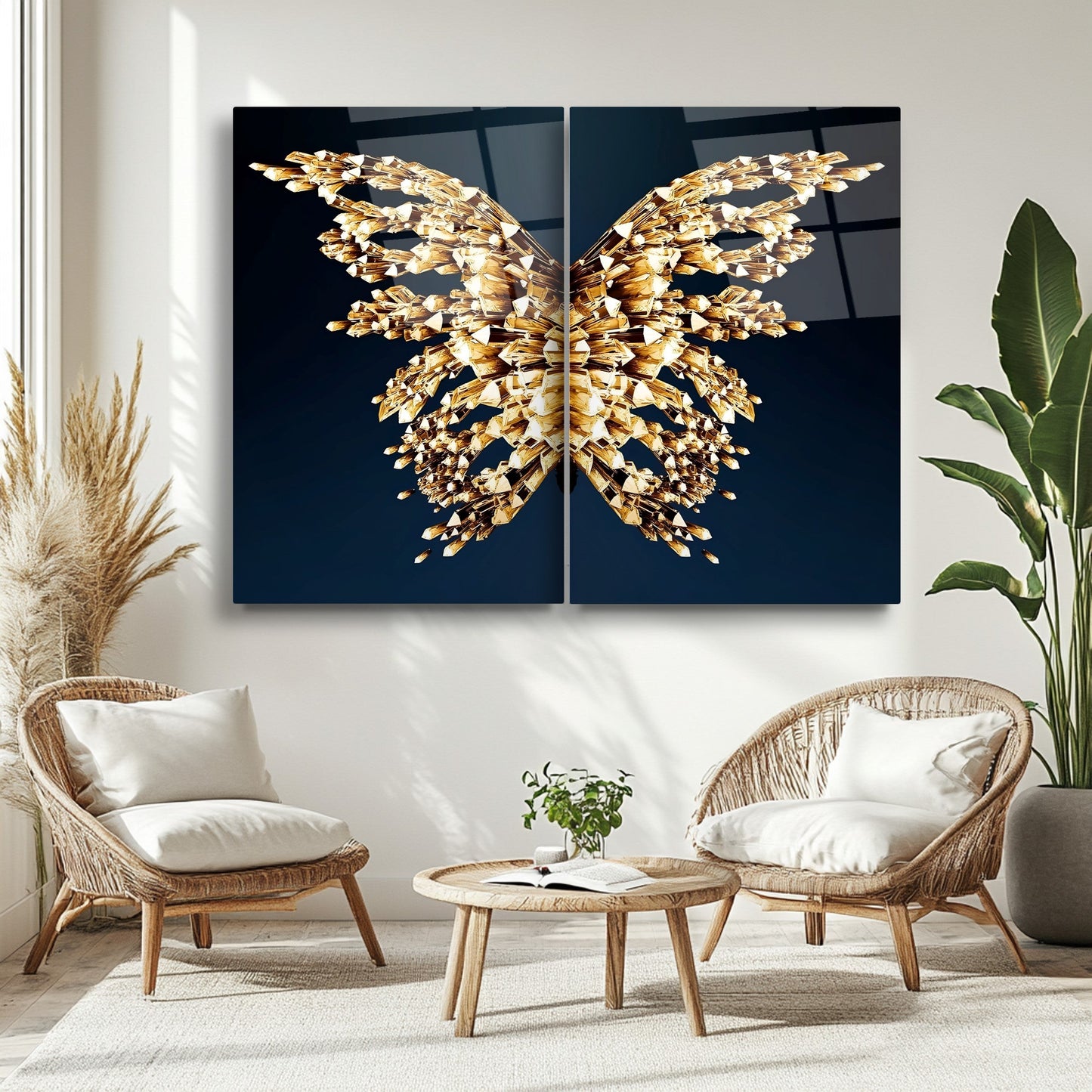 Gold Kristal Melek Kanatları İkili Set Cam Tablo