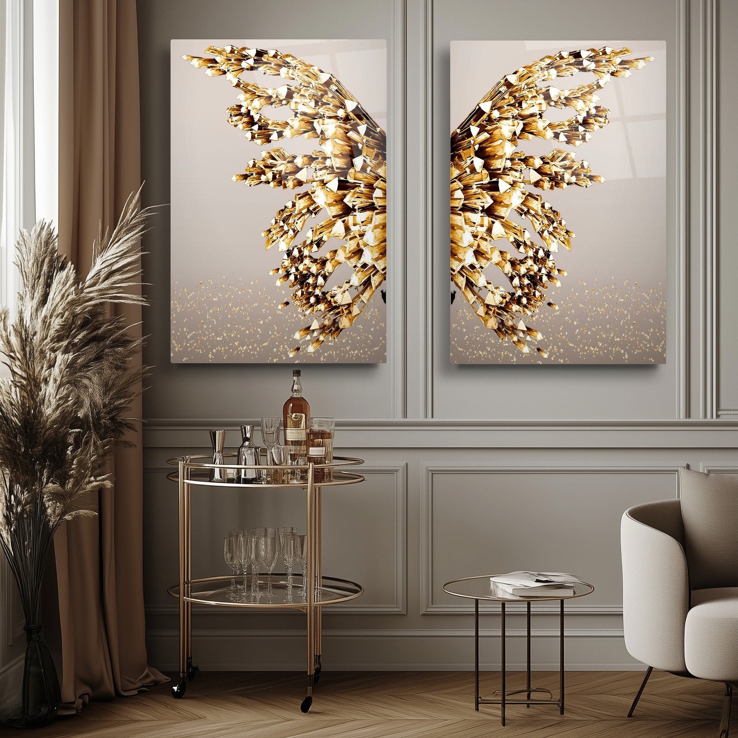 Gold Kristal Melek Kanatları İkili Set Cam Tablo
